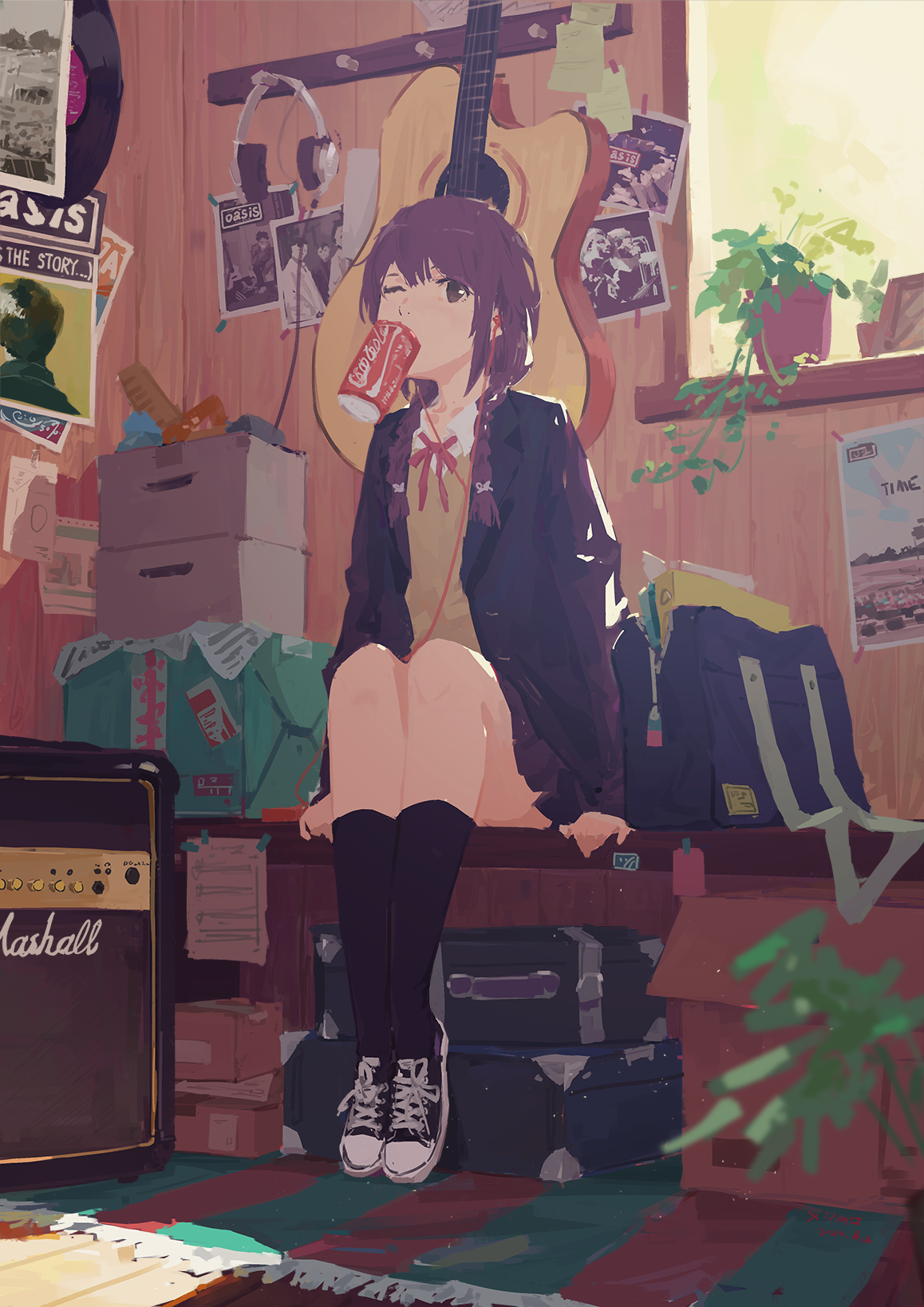 Anime 1158x1637 XilmO anime anime girls artwork guitar headphones Coca-Cola