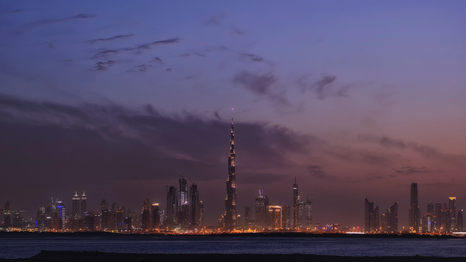 General 1600x900 clouds sky night building skyscraper lights water sea skyline Dubai Burj Khalifa far view United Arab Emirates