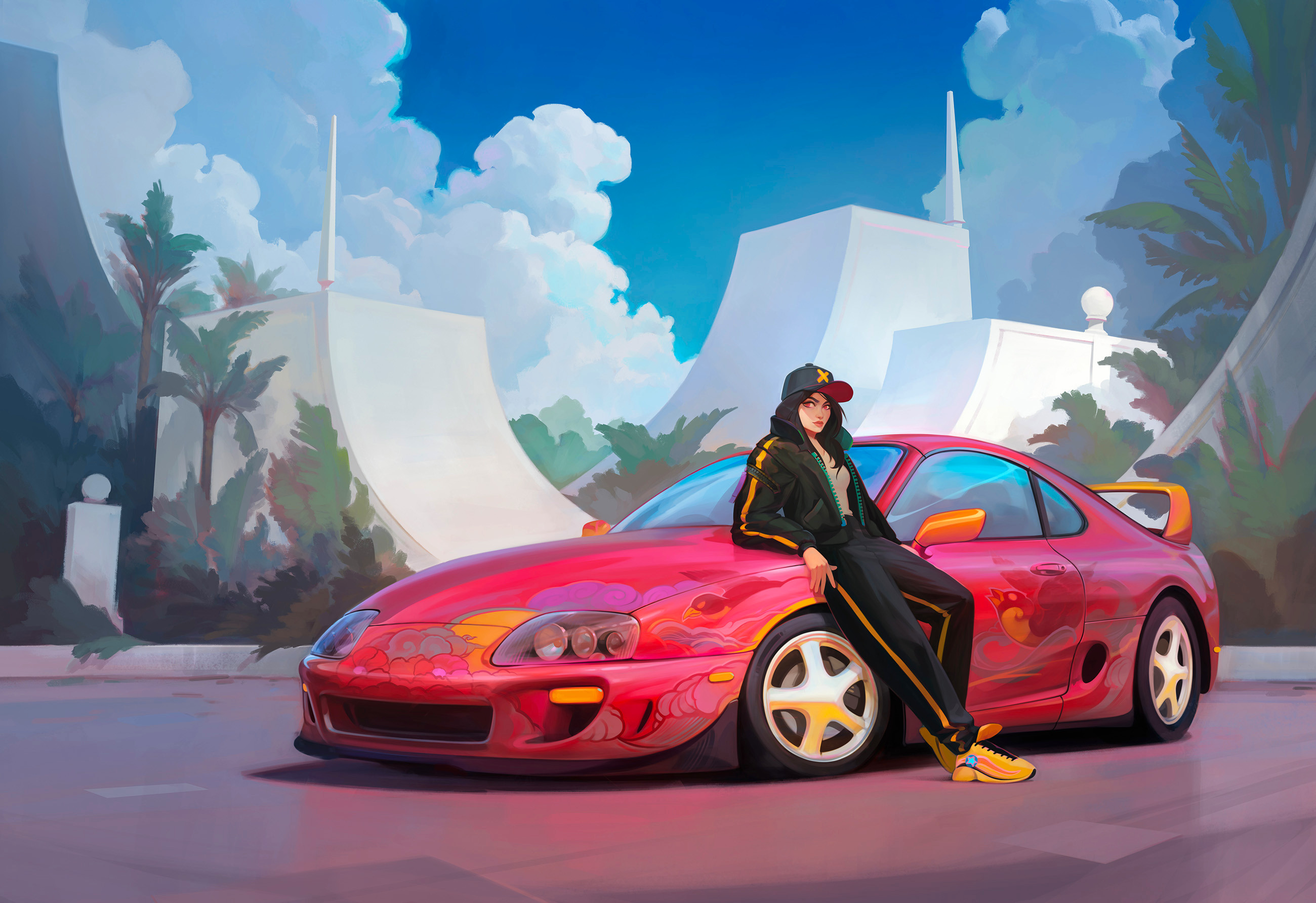General 2600x1784 artwork ArtStation women women with cars vehicle Toyota Toyota Supra leaning red eyes car women outdoors outdoors looking at viewer Toyota Supra A80 Igor Artyomenko Japanese cars