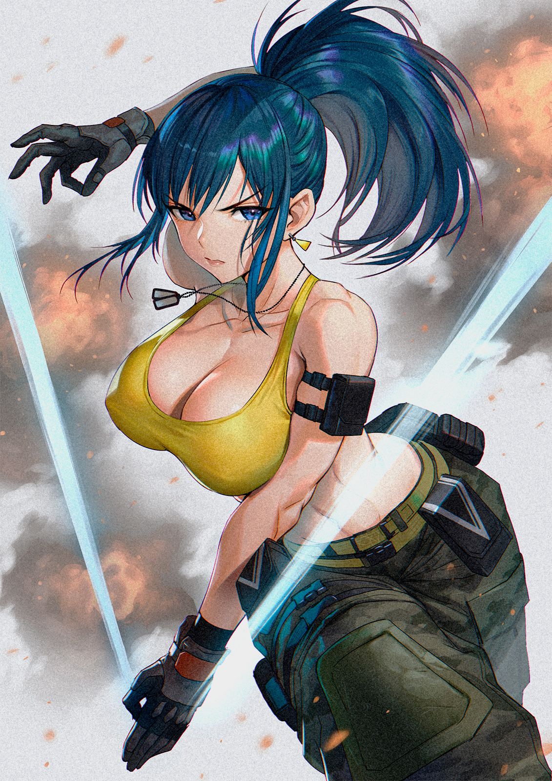 Anime 1131x1600 anime anime girls cleavage big boobs no bra King of Fighters Leona Heidern hard nipples video game girls video game warriors curvy boobs huge breasts angry video games women blue hair blue eyes looking at viewer fighting games video game characters wide breasts tank top skinny gloves top ponytail