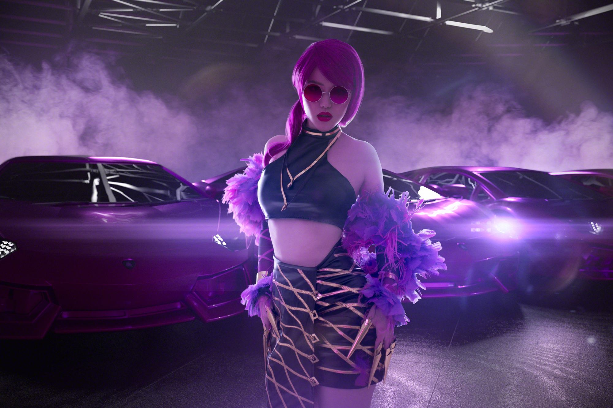 People 2000x1333 women model cosplay League of Legends Evelynn (League of Legends) video games video game characters purple hair belly car parted lips looking at viewer Lada Lyumos Russian women