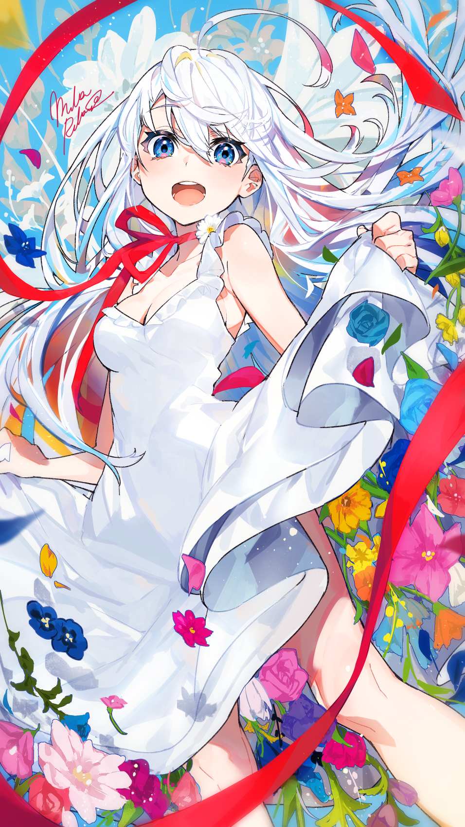 Anime 956x1700 anime anime girls digital art artwork portrait display 2D mika pikazo colorful dress blue eyes open mouth flowers white hair sun dress