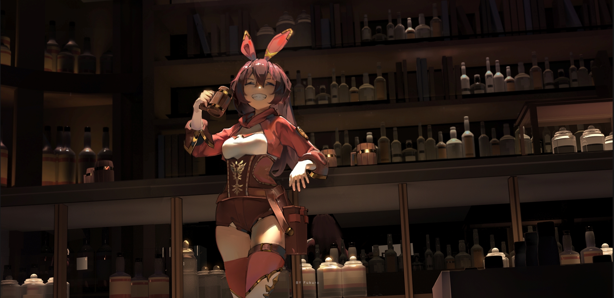 Anime 2080x1012 bunny ears drinking smiling bottles Genshin Impact Amber (Genshin Impact) video game girls video game characters