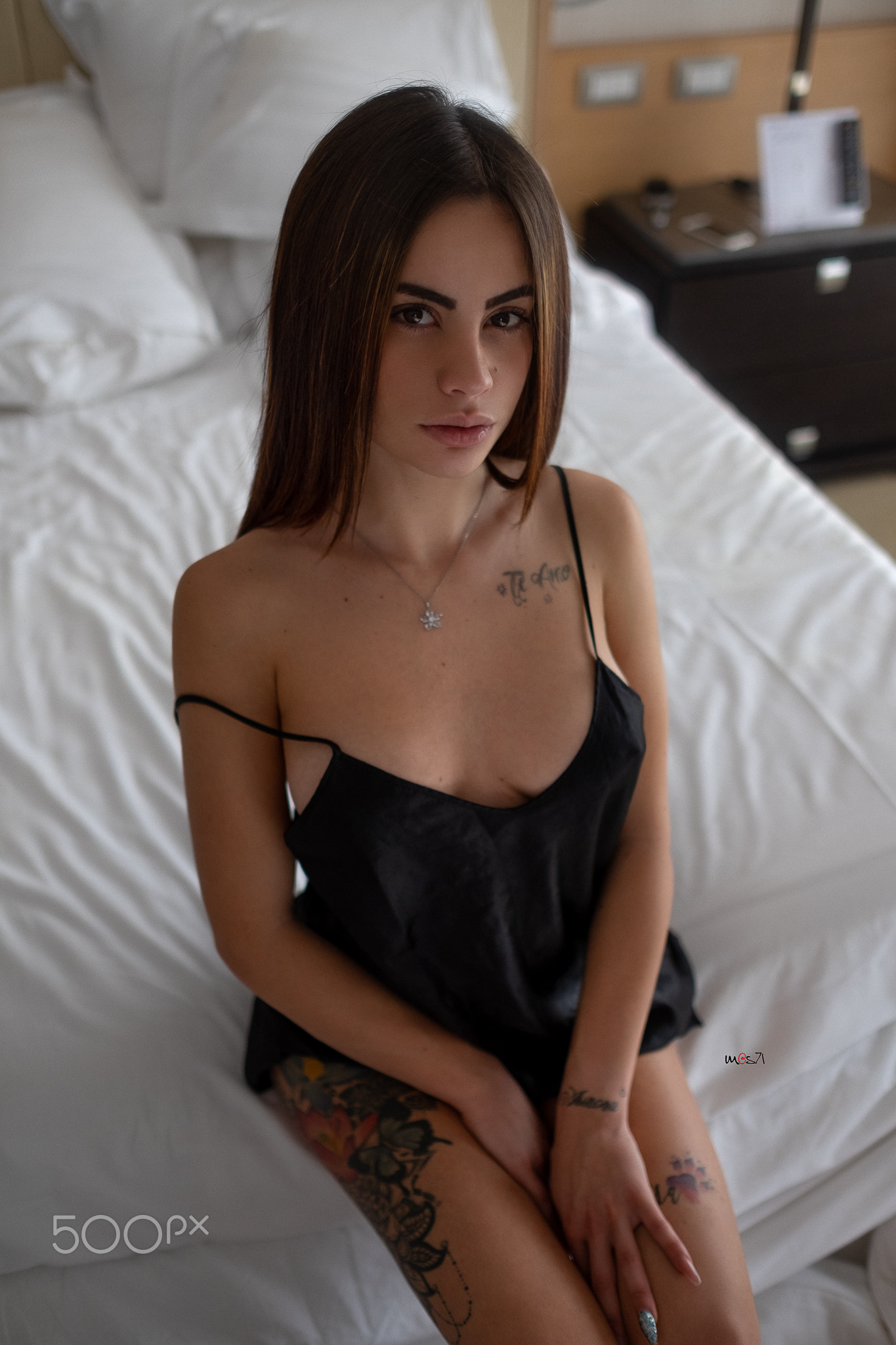 People 1365x2048 Mauro Saranga women brunette long hair straight hair looking at viewer juicy lips tattoo lingerie nightdresses silk cleavage jewelry necklace in bed women indoors 500px sleepwear portrait display Ludovica P watermarked