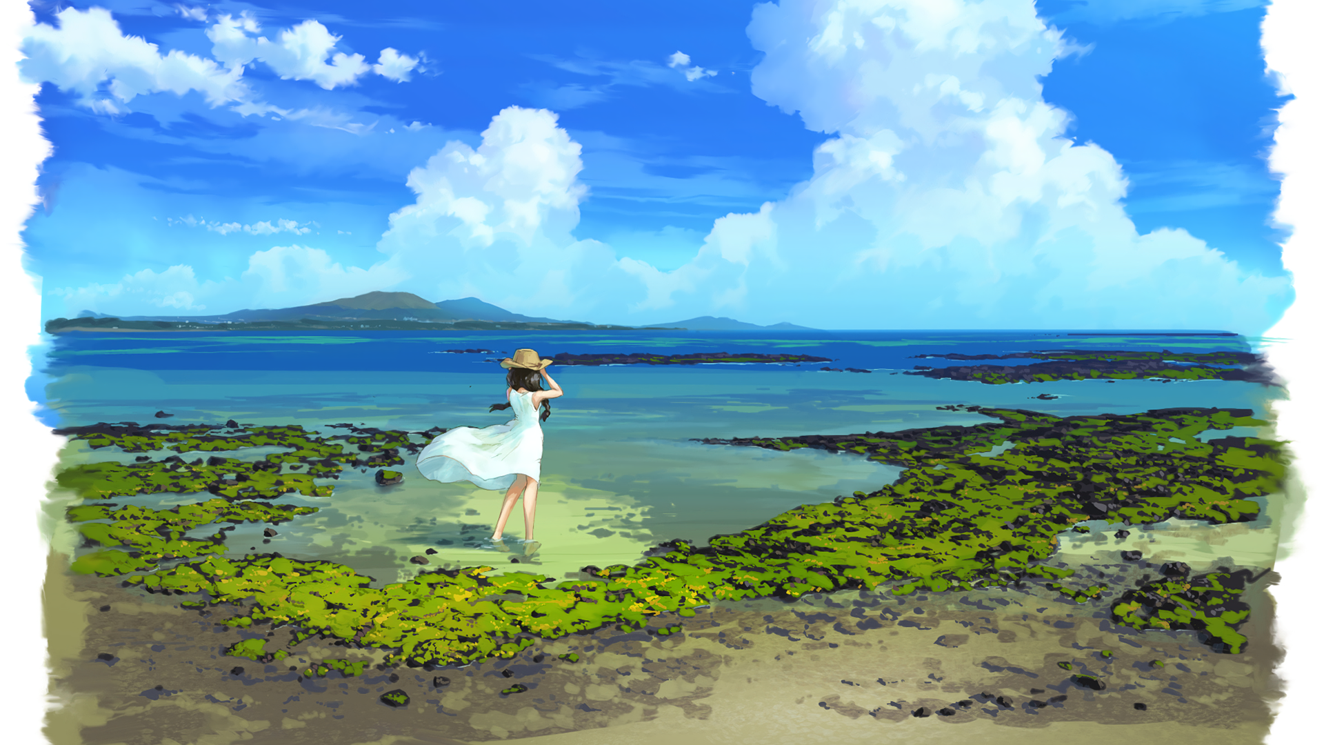 Anime 1920x1080 water clouds long hair straw hat moescape