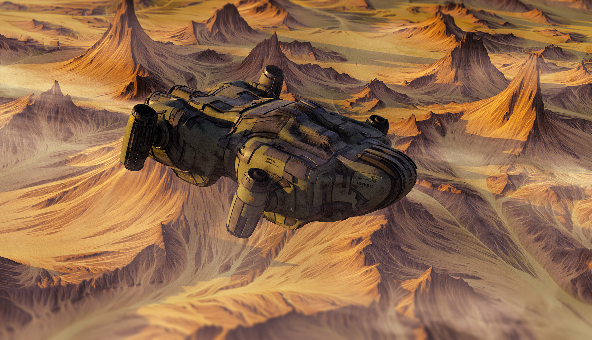 General 1920x1104 science fiction spaceship yellow artwork rock formation sand mountains ridges fantasy art futuristic planet aircraft technology detailed turbines mist high angle vehicle