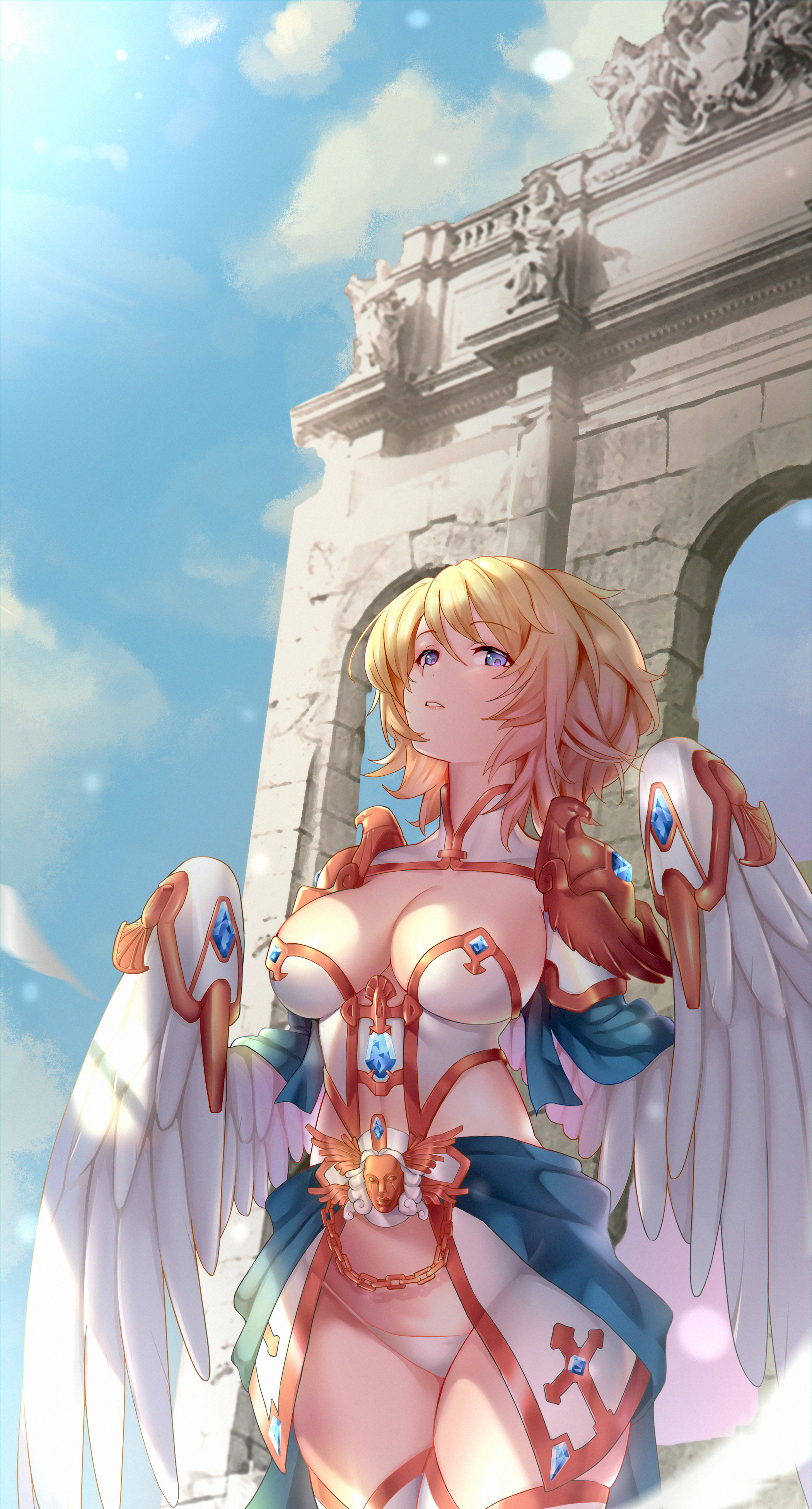Anime 2100x3900 2D anime girls harpy skimpy clothes cleavage short hair blonde blue eyes wings