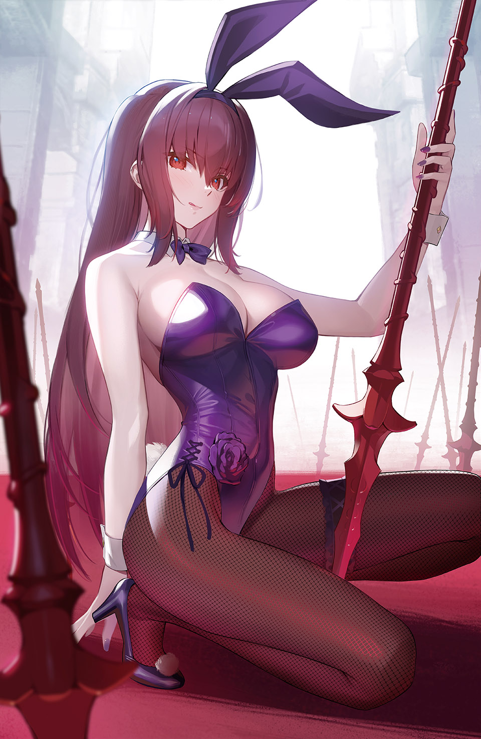Anime 960x1474 anime anime girls digital art artwork 2D portrait display vertical Siino Scathach Fate/Grand Order fishnet pantyhose bunny suit purple hair red eyes