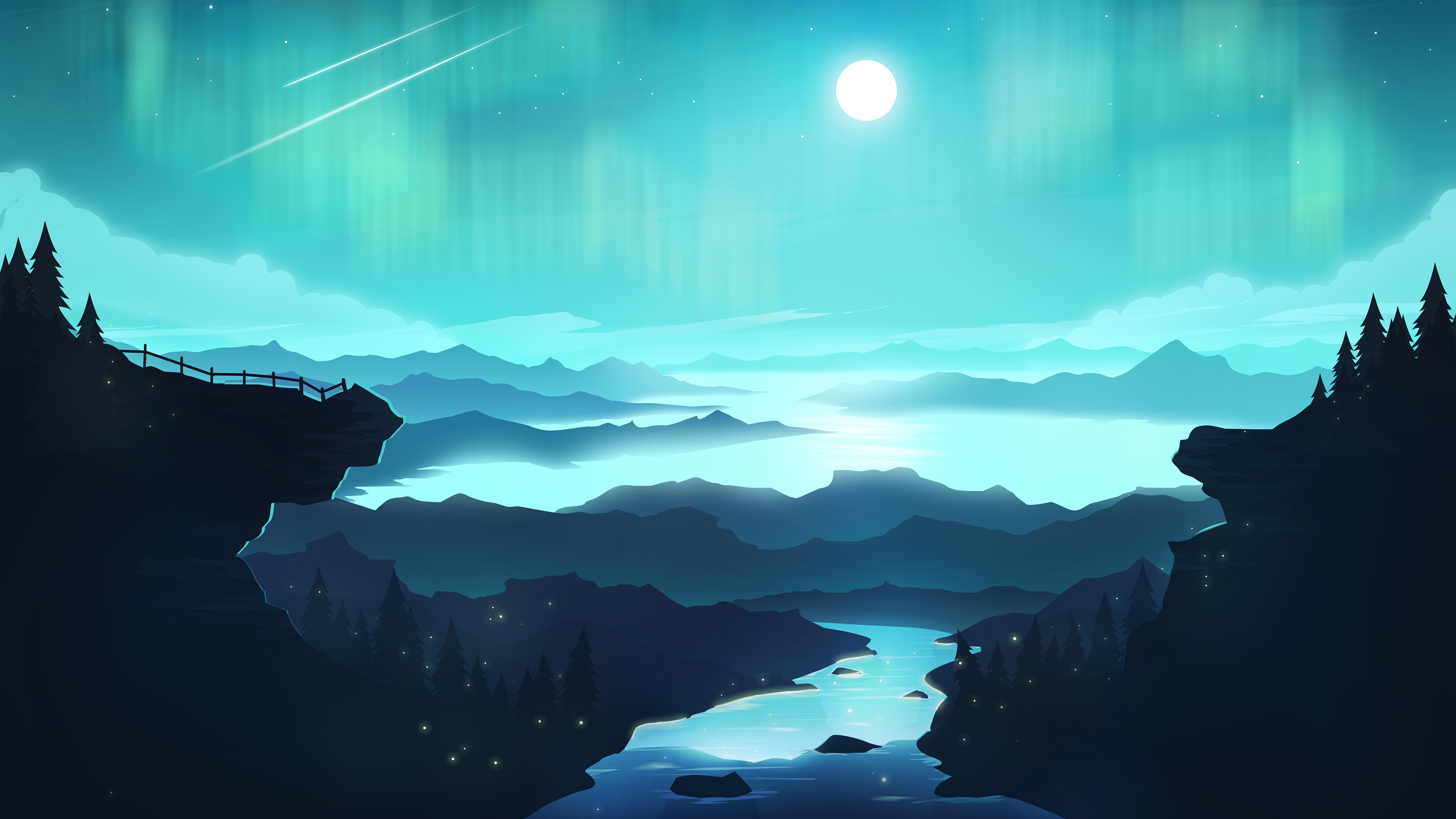 General 3840x2160 digital art vector landscape blue cyan river aurorae full moon fireflies