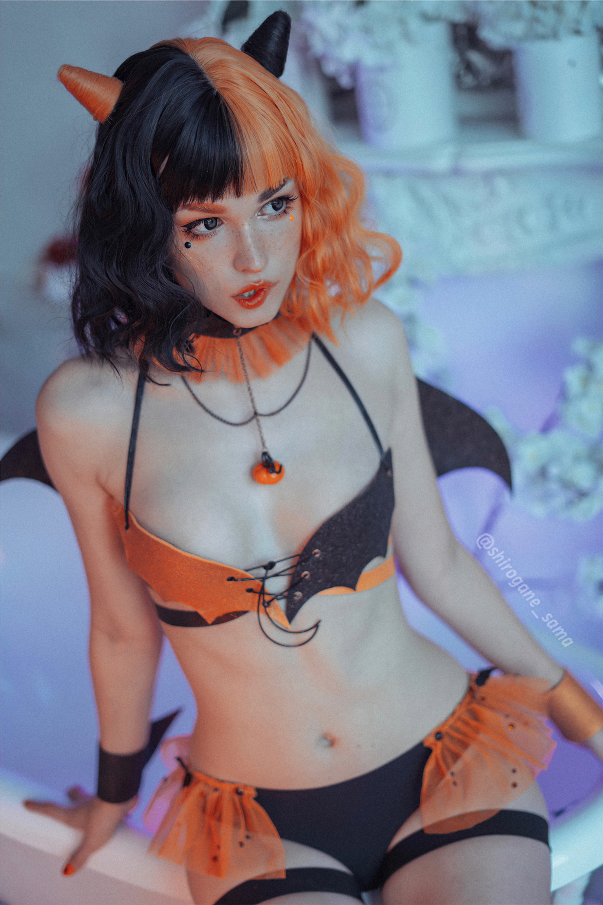 People 2081x3124 women model indoors cosplay women indoors Shirogane Sama bed lingerie Halloween horns looking away belly cleavage belly button biting lips multi-colored hair