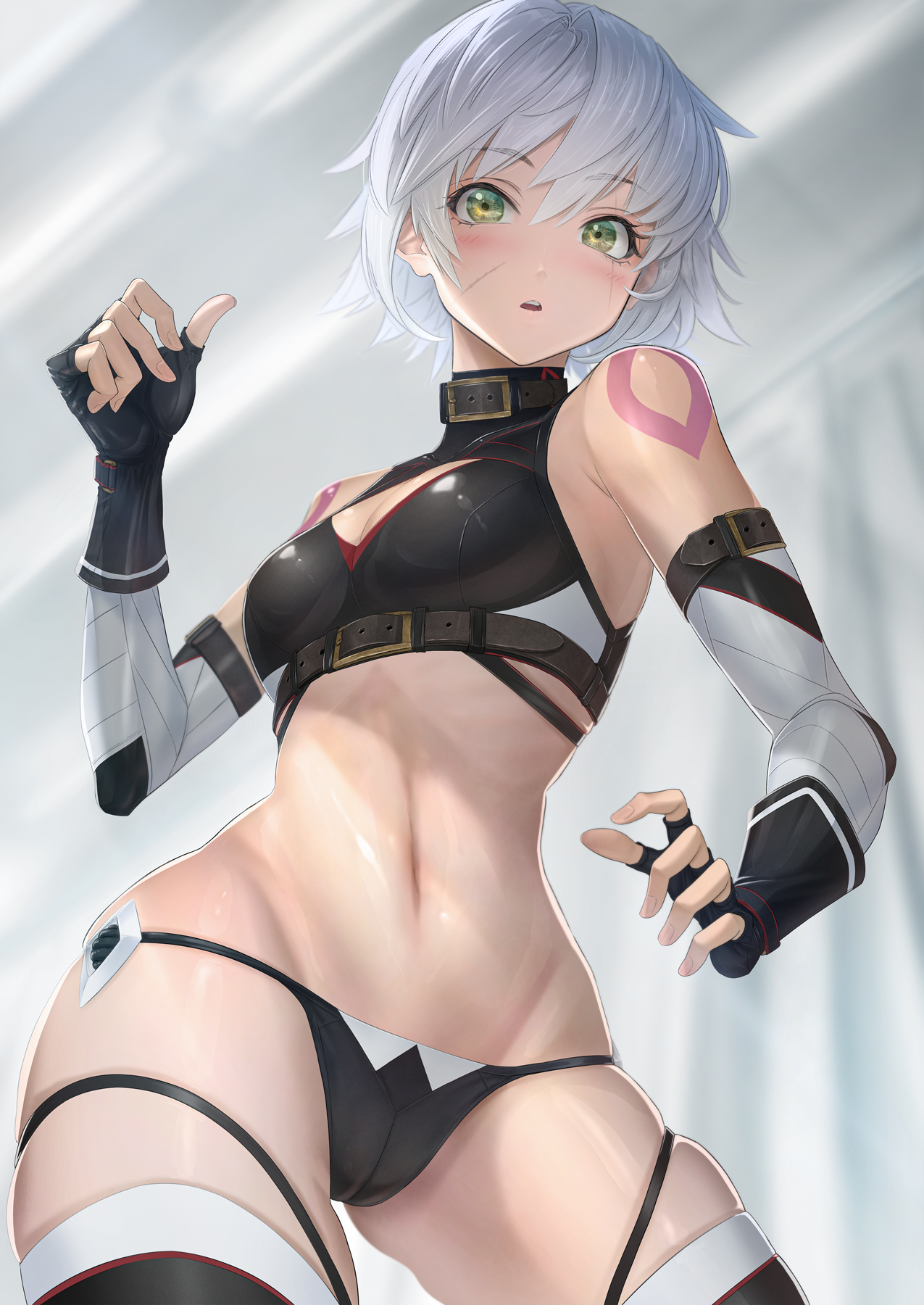 Anime 1275x1800 Fate series Fate/Grand Order Fate/Apocrypha  small boobs thighs the gap cameltoe cleavage black bikinis fingerless gloves scars inked girls black panties female warrior black legwear short hair gray hair ecchi curvy looking at viewer embarrassed glutes thick ass wide hips open mouth Jack the Ripper (Fate/Apocrypha) bandages green eyes 2D anime anime girls I_MI_ZU fan art black thong