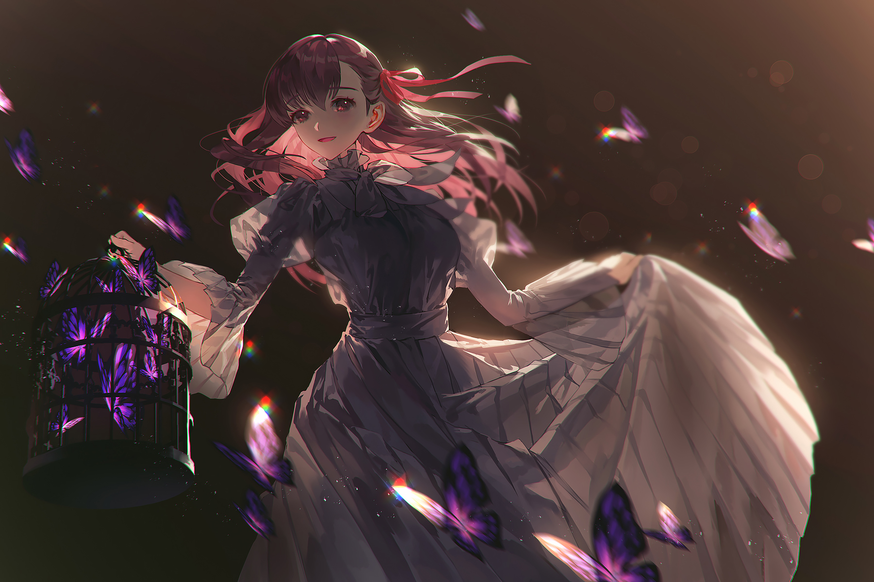 Anime 1800x1200 Fate series Fate/Stay Night fate/stay night: heaven's feel anime girls 2D black dress butterfly cages long hair purple hair Matou Sakura open mouth purple eyes low-angle smiling fan art red ribbon
