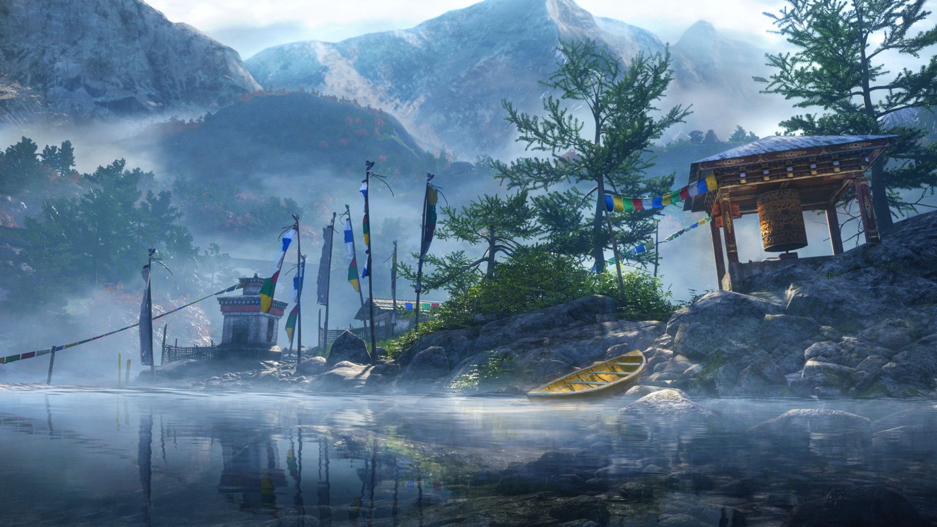 General 1920x1080 landscape trees water reflection lake ruins flag screen shot Far Cry Far Cry 4 Ubisoft