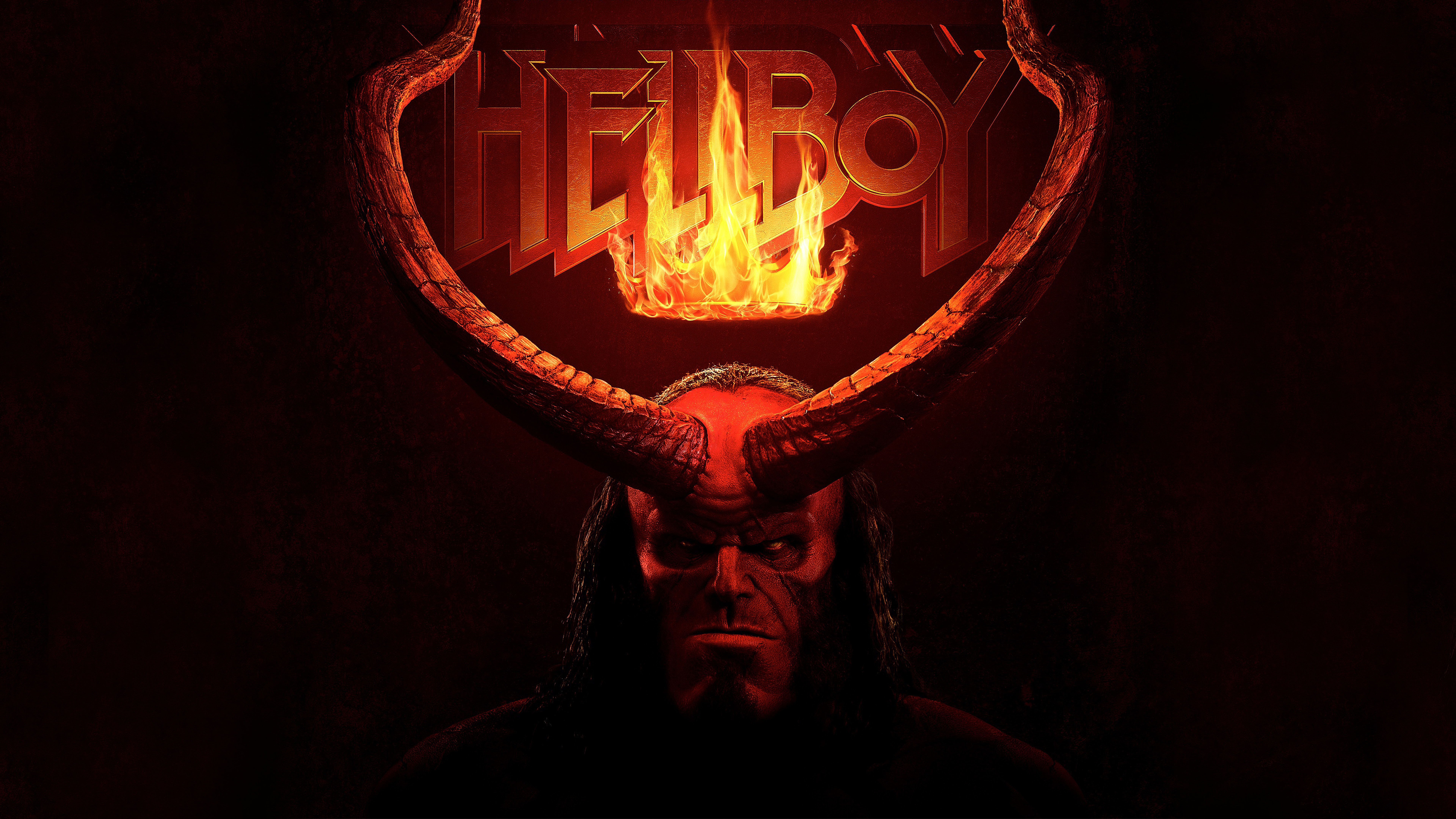 General 7680x4320 Hellboy movie characters movie poster dark horns fire crown face long hair frontal view