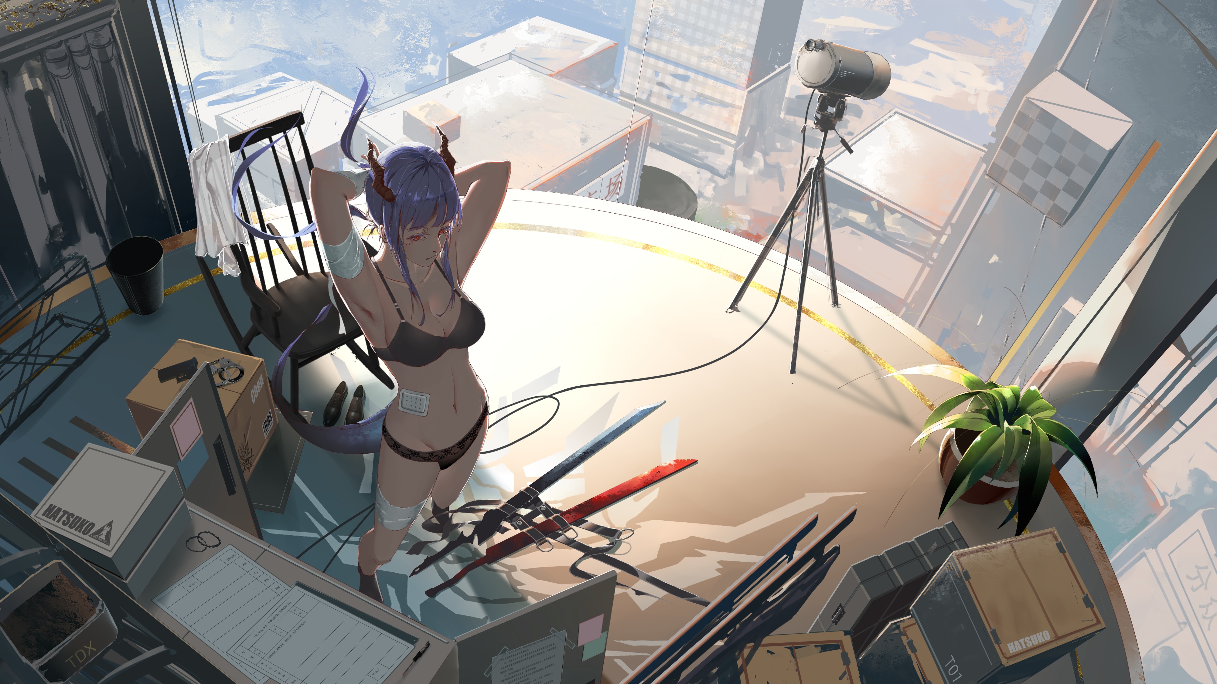 Anime 4008x2254 Arknights zuosi zhichu building city horns tail high angle Chen (Arknights) anime girls dragon girl underwear cleavage