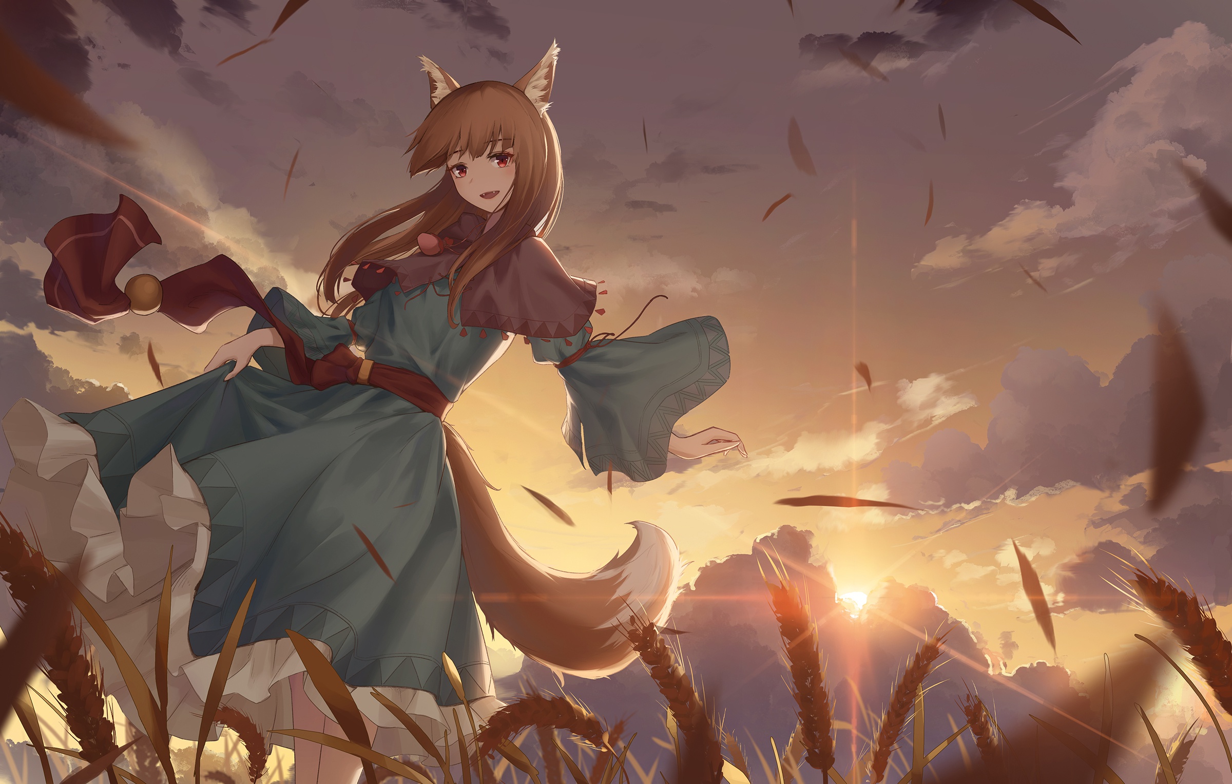 Anime 2400x1527 Holo (Spice and Wolf) Spice and Wolf spike  sky Sun wolf ears low-angle