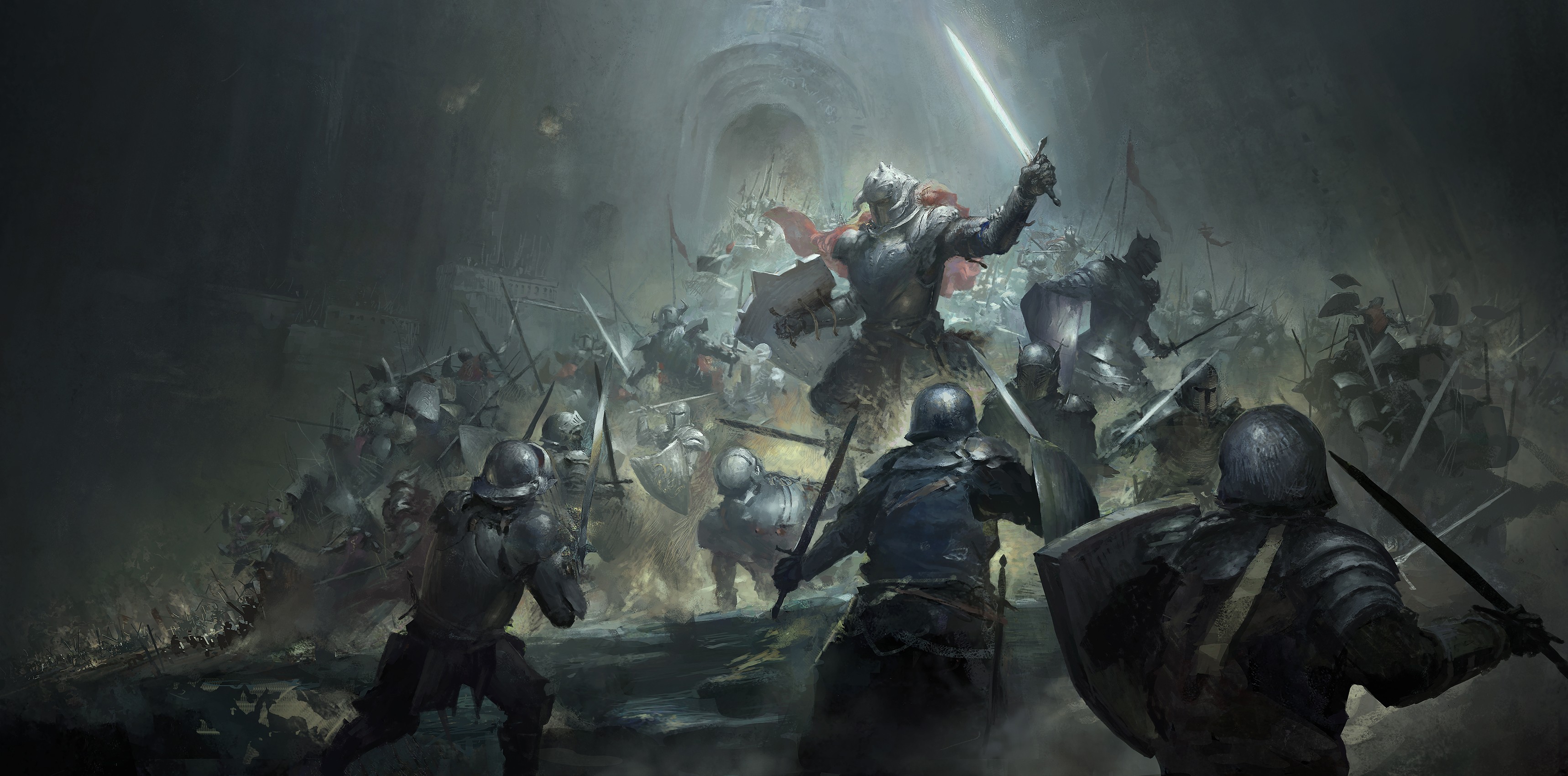 Anime 3436x1700 battle charge knight fighting fantasy art fantasy men