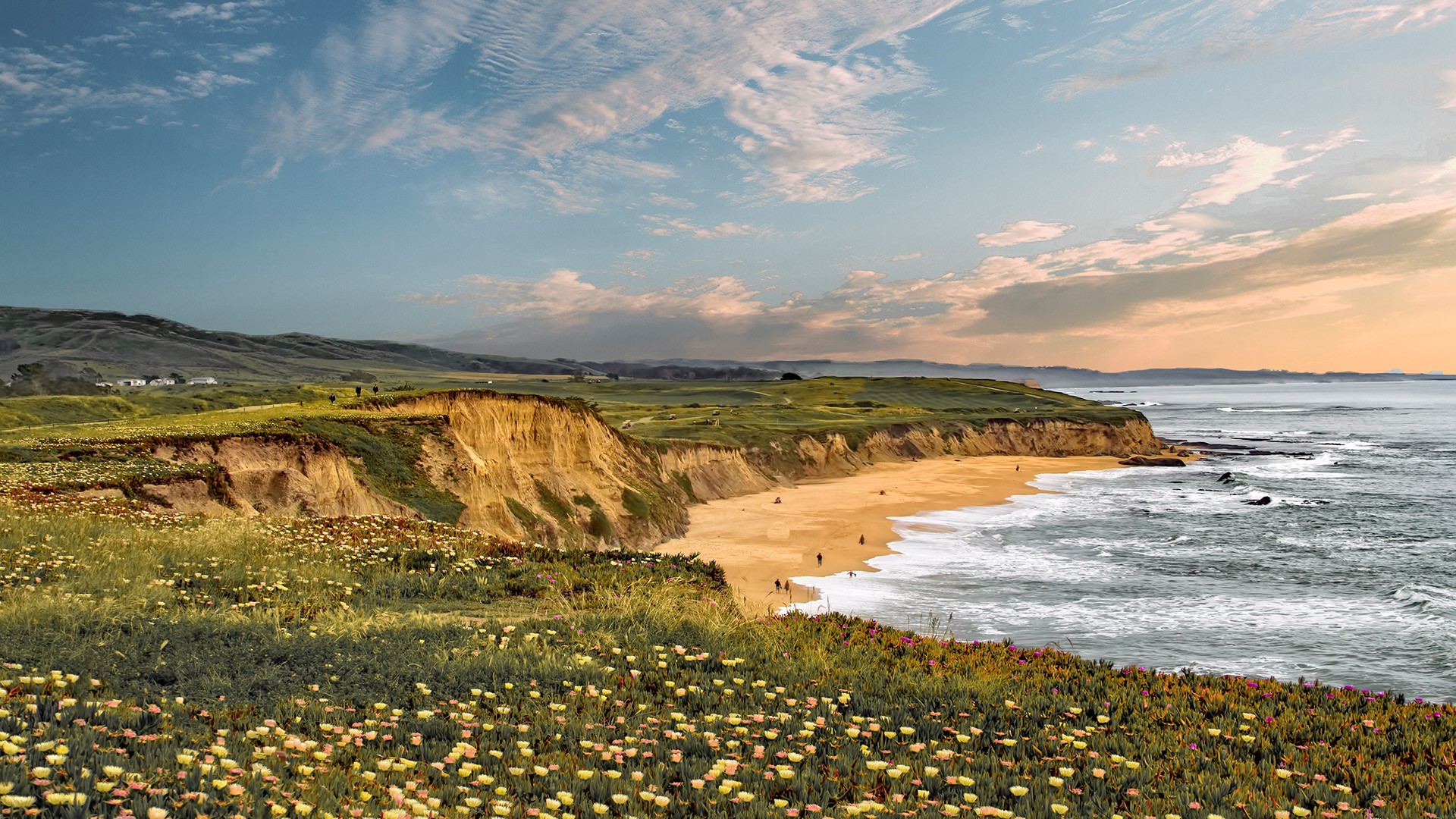 General 1920x1080 nature landscape flowers yellow flowers beach coast clouds sky sunset people mountains water sea California USA Pacific Ocean