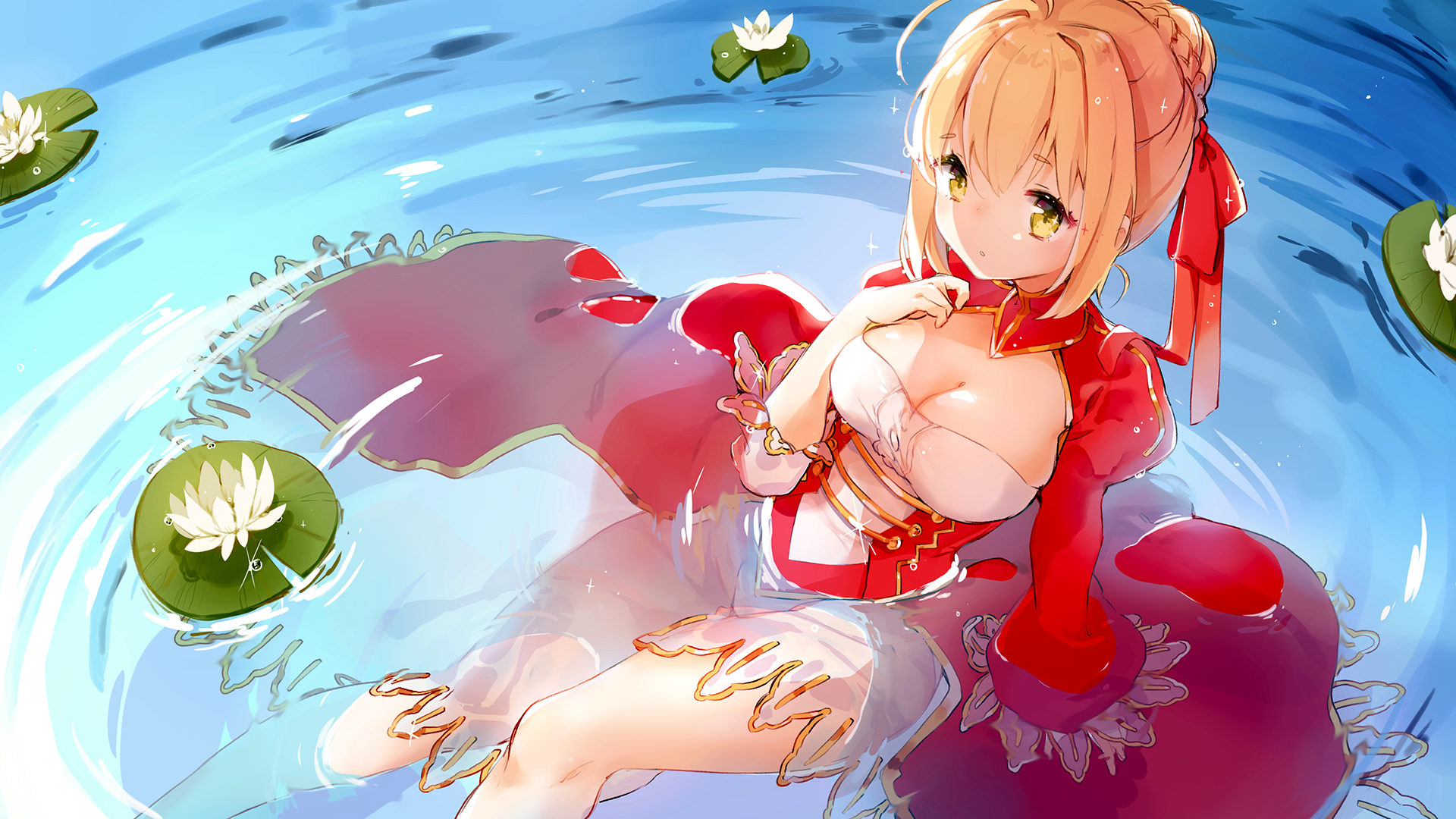 Anime 1920x1080 blonde water water ripples Fate series anime Nero Claudius Fate/Extra water lilies dress cleavage