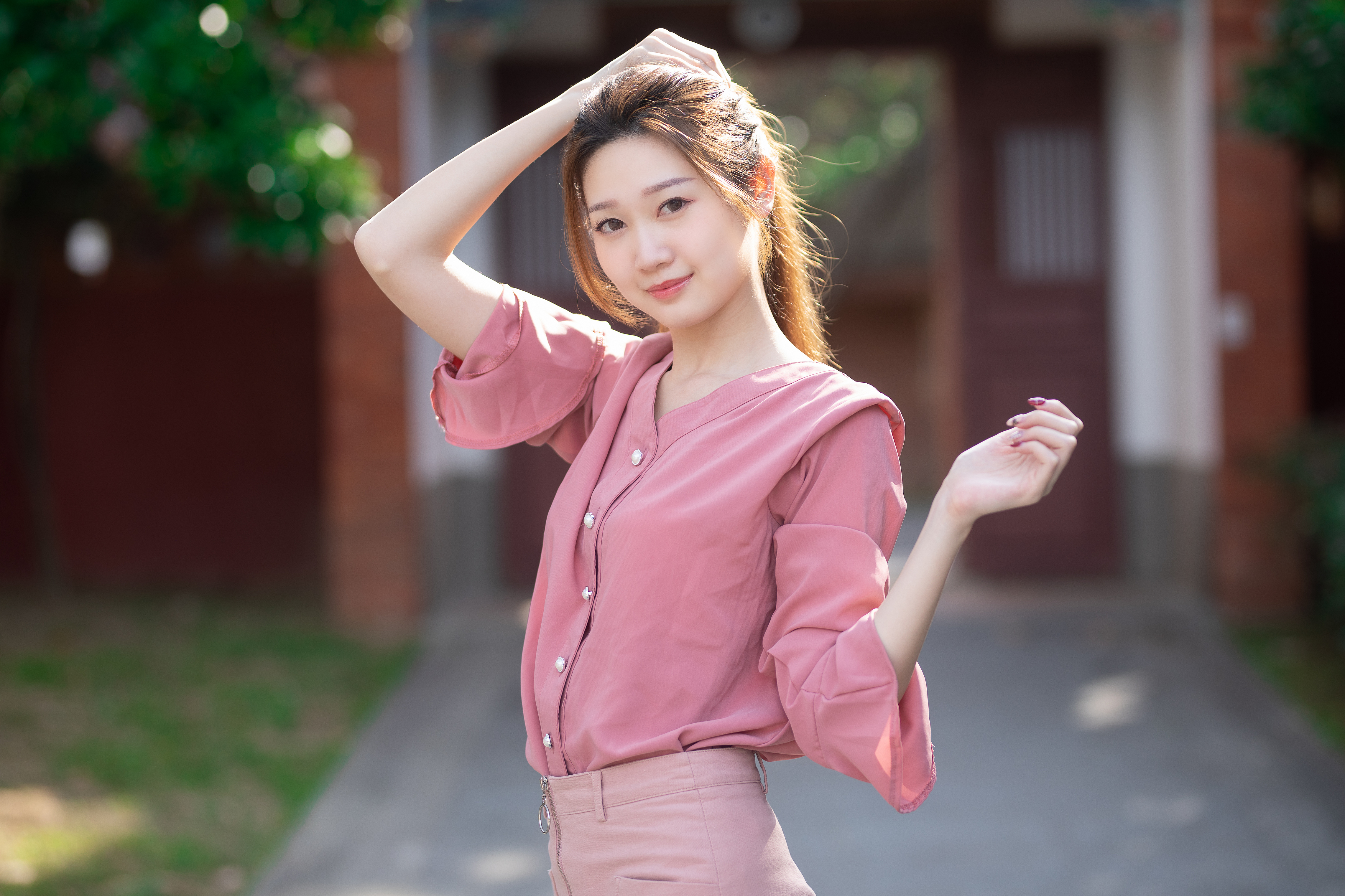 People 4562x3041 Asian women model brunette long hair depth of field grass house blouses pants pink looking at viewer smiling women outdoors urban