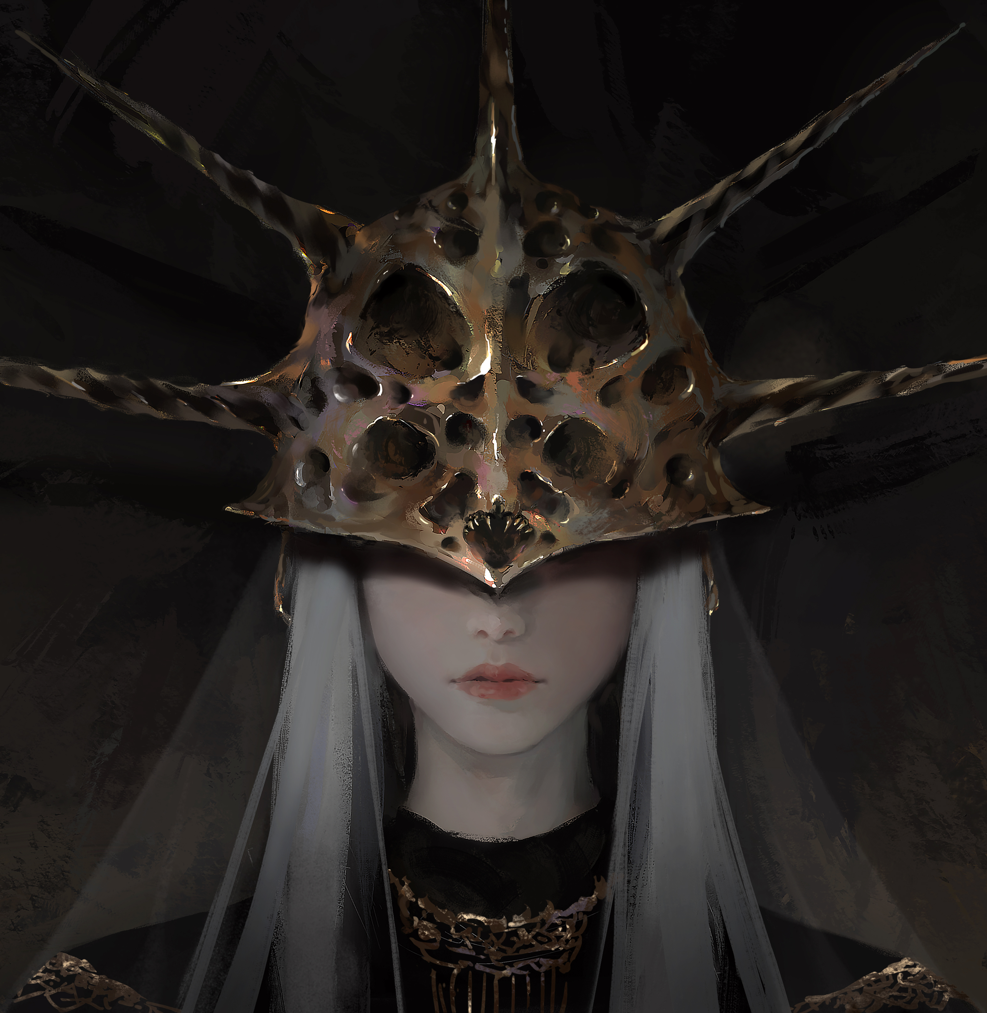 General 3147x3233 WLOP helmet white hair spikes frontal view Dark Souls Gwyndolin (Dark Souls) artwork
