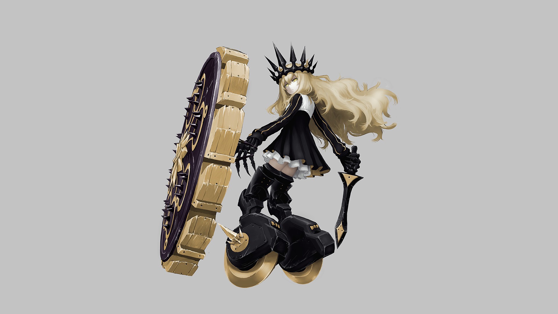 Anime 1920x1080 simple background anime girls weapon Chariot (Black Rock Shooter) dress long hair boots twintails sword claws shield crown blonde yellow eyes armor Black Rock Shooter