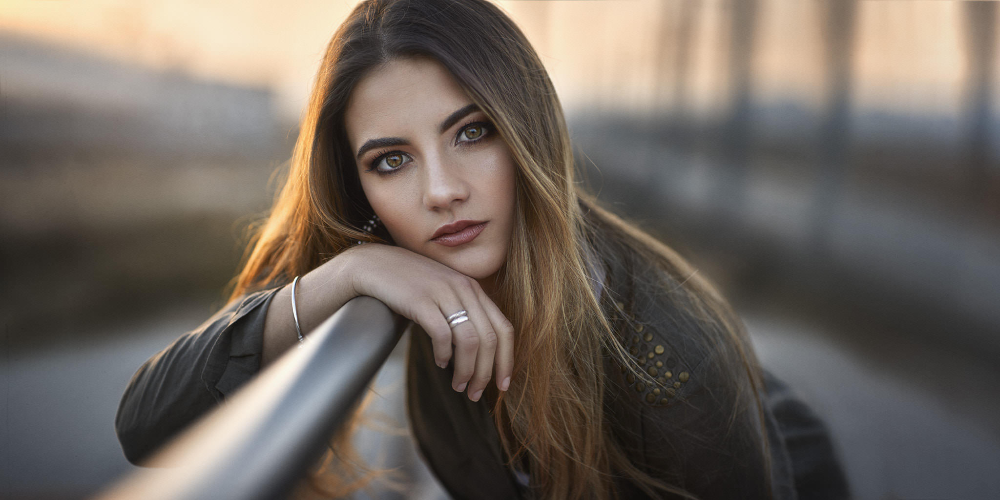 People 2048x1024 women face portrait women outdoors ombre hair brunette long hair black jackets natural light looking at viewer Javier Ullastres jacket closed mouth rings red lipstick hazel eyes makeup urban model