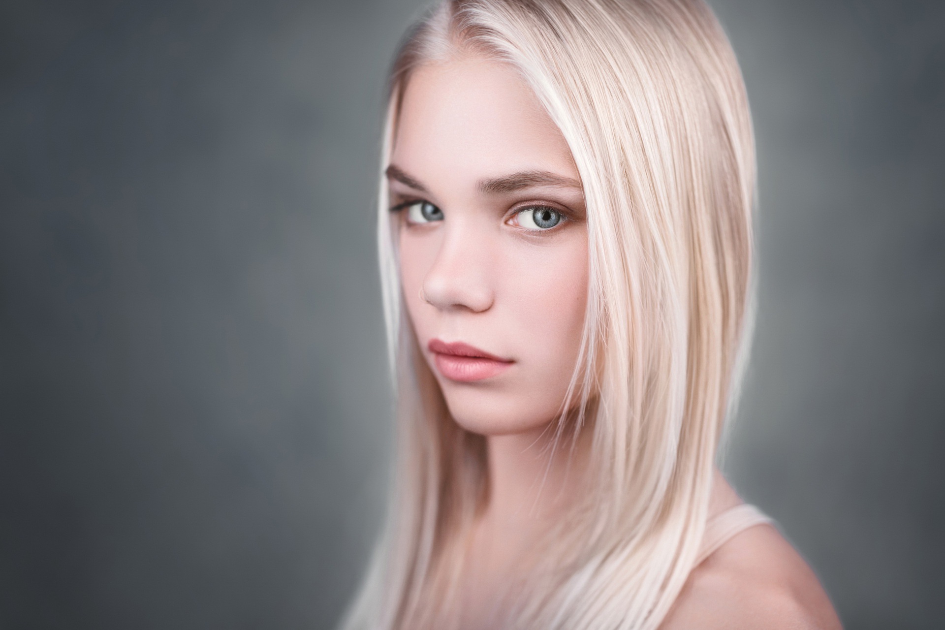 People 1920x1280 portrait blonde simple background face women model gray eyes blurred bare shoulders