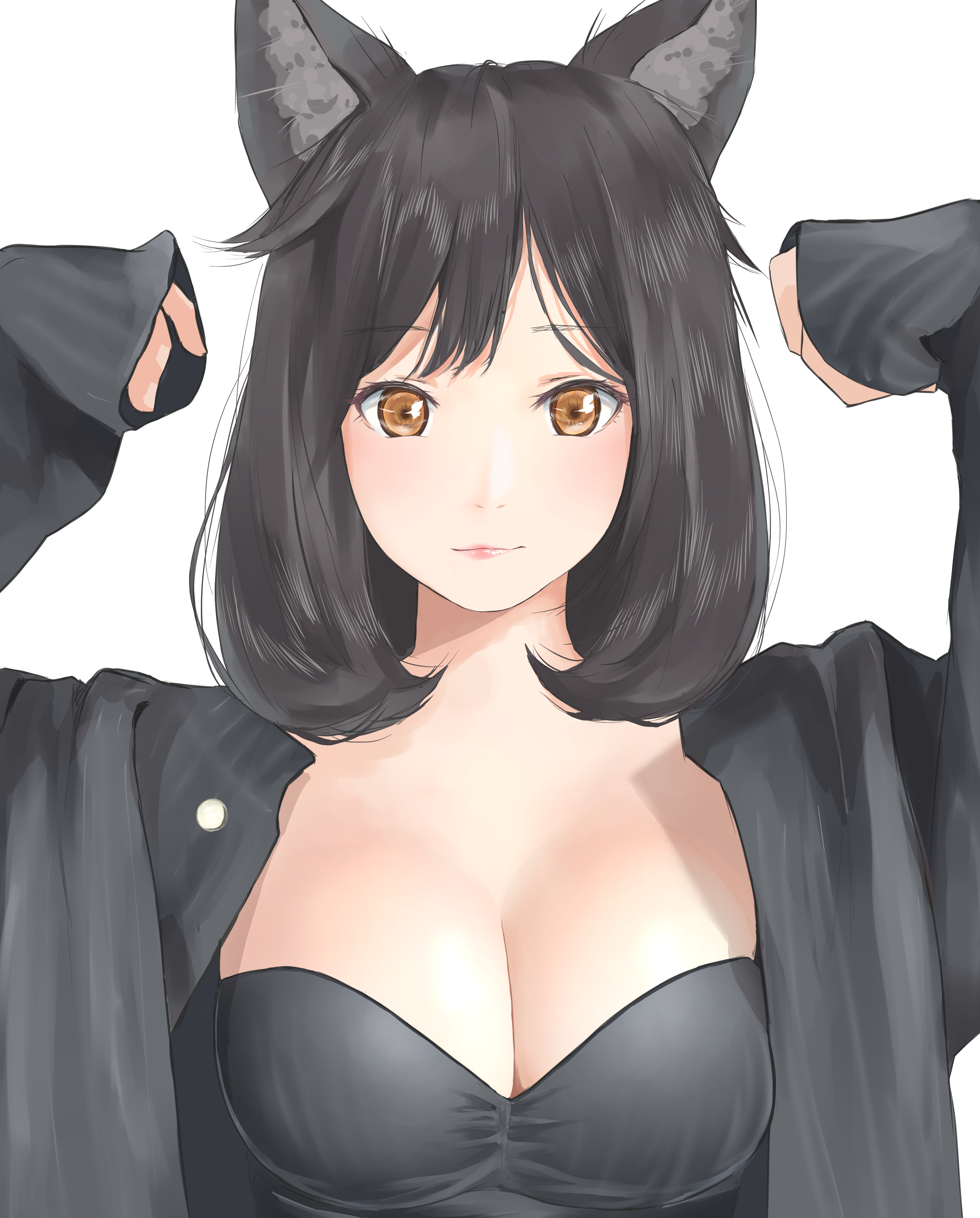 Anime 2835x3523 anime girls anime simple background big boobs cat ears purumi cleavage