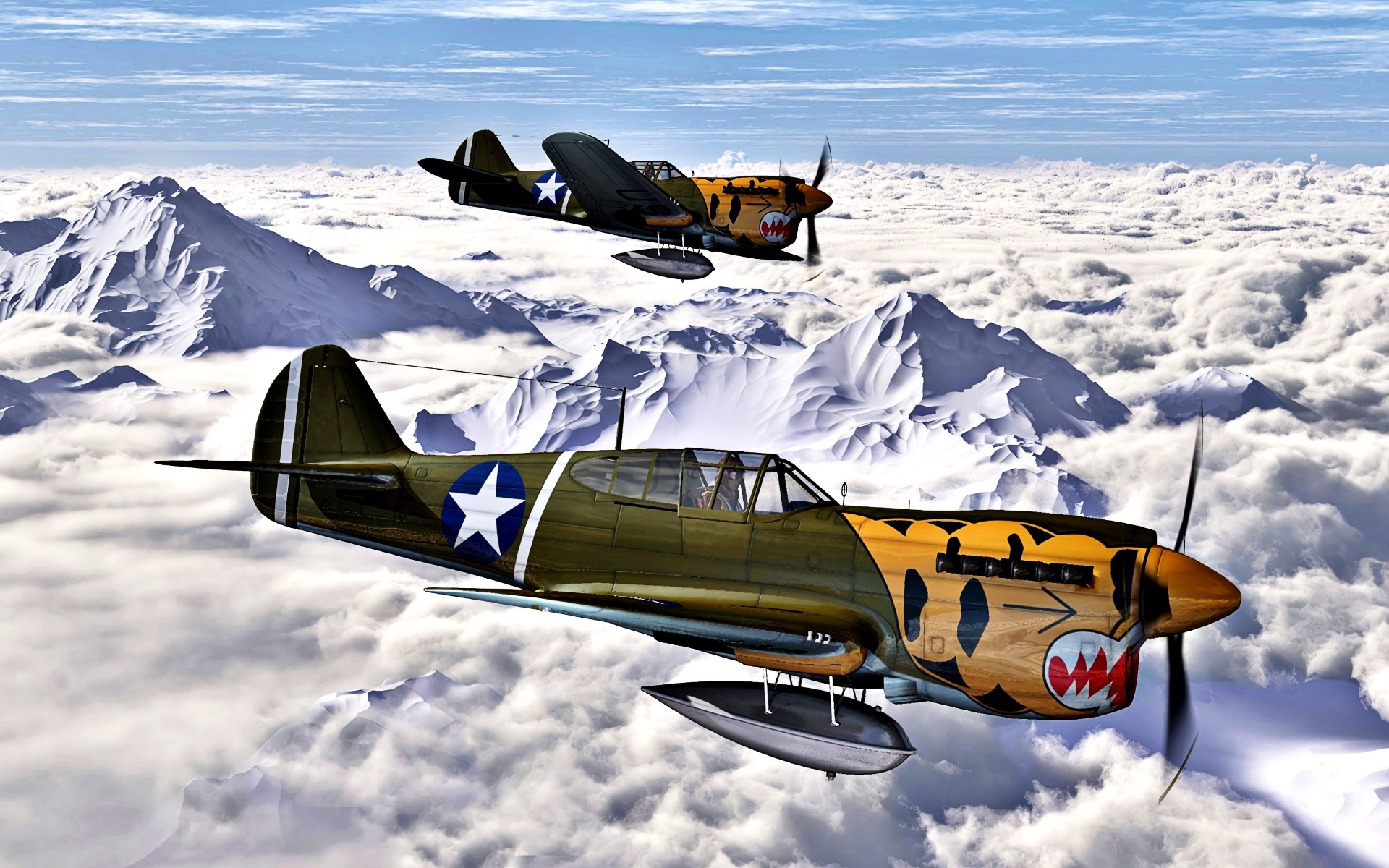 General 1920x1200 artwork military aircraft vehicle aircraft military military vehicle American aircraft clouds mountains snow covered sky Curtiss P-40 Warhawk pilot sunlight snow