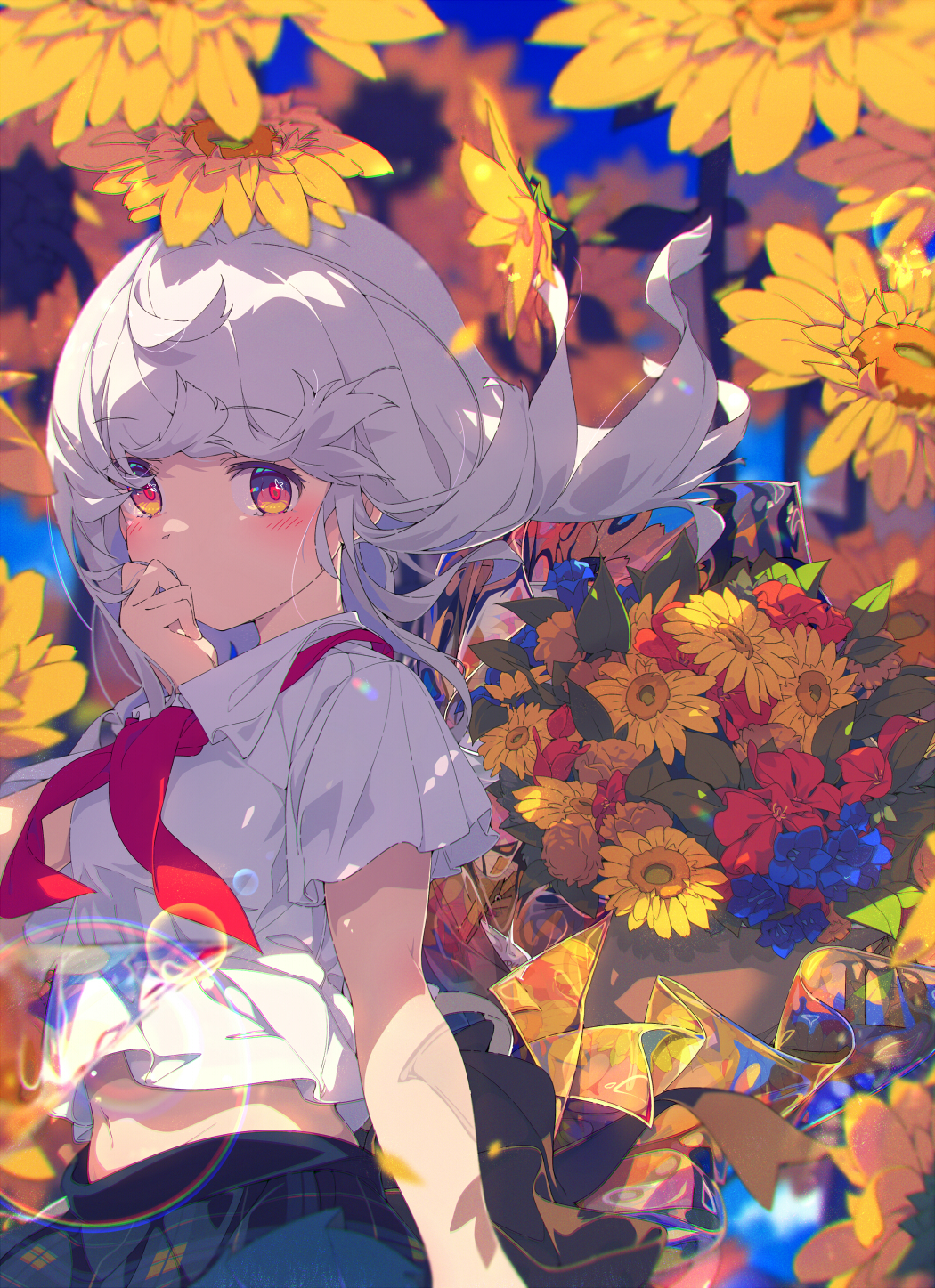 Anime 1050x1447 original characters sunflowers schoolgirl school uniform white hair flowers red eyes
