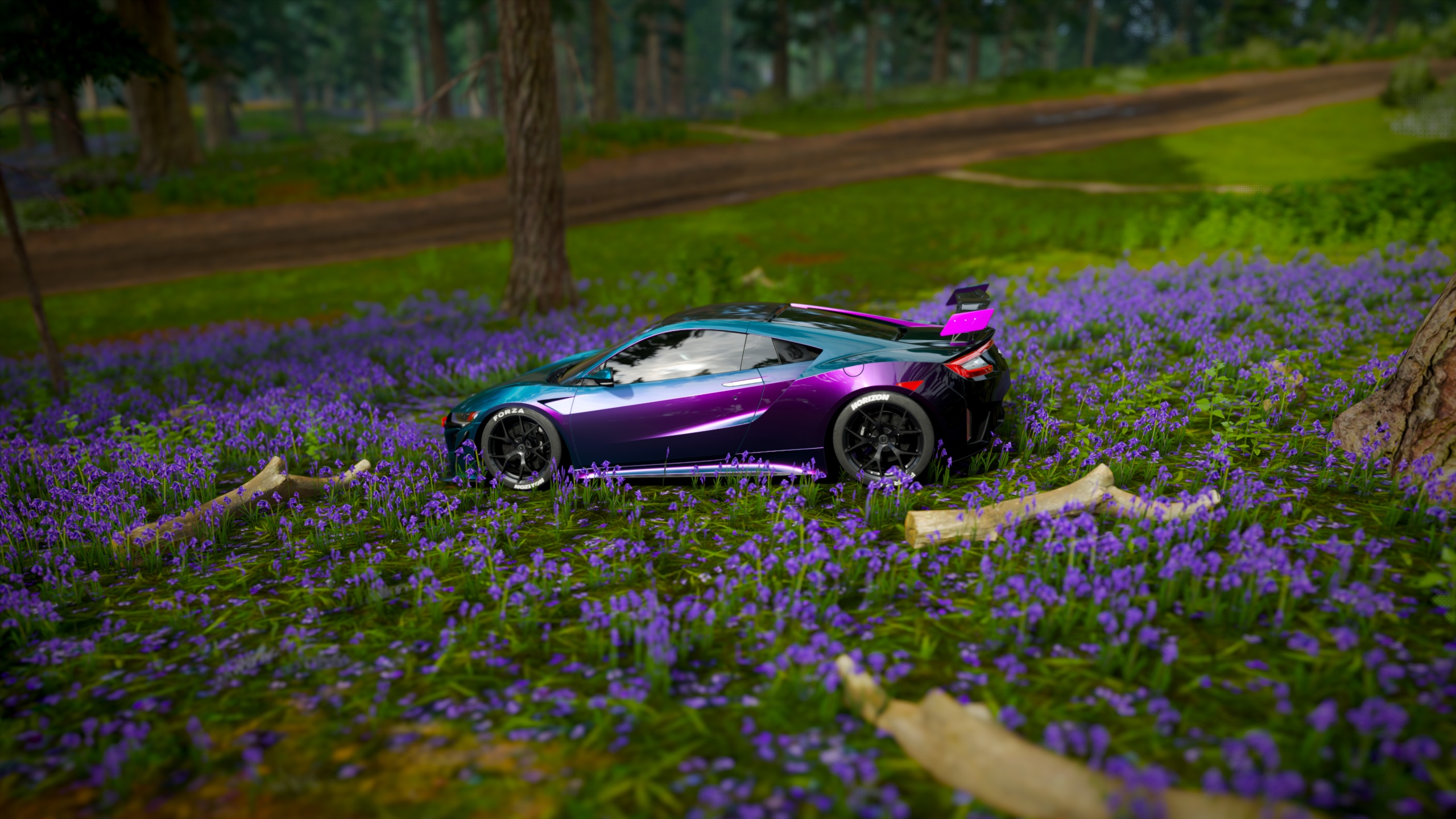 General 2560x1440 screen shot Forza Horizon 4 racing flowers purple Honda NSX car video games
