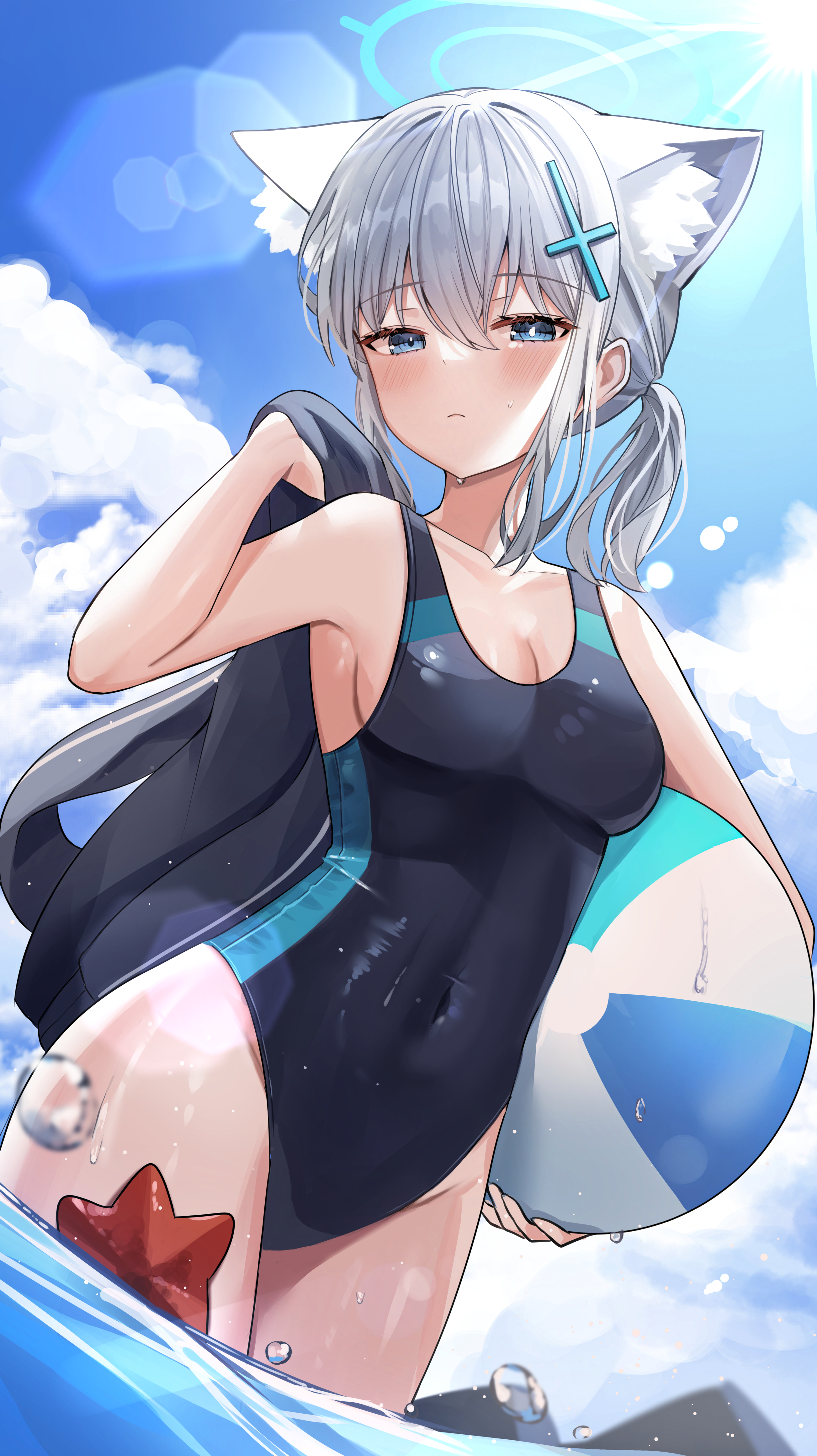 Anime 2605x4640 anime anime girls Shiroko (Blue Archive) portrait display swimwear one-piece swimsuit animal ears starfish beach ball blue eyes wet body Blue Archive Nannung standing in water water looking at viewer sunlight bare shoulders