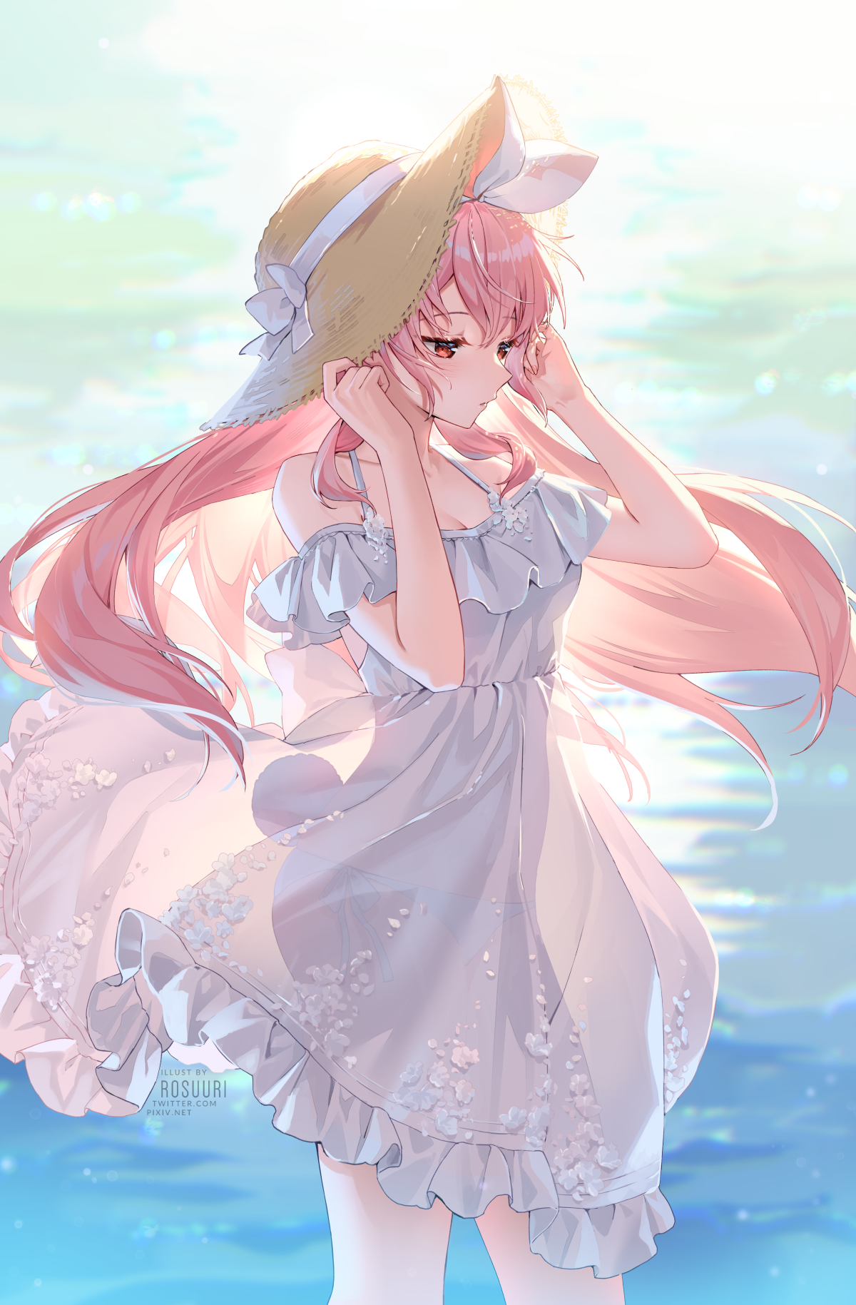 original characters, pink hair, anime girls, straw hat, hat | 1200x1829  Wallpaper 