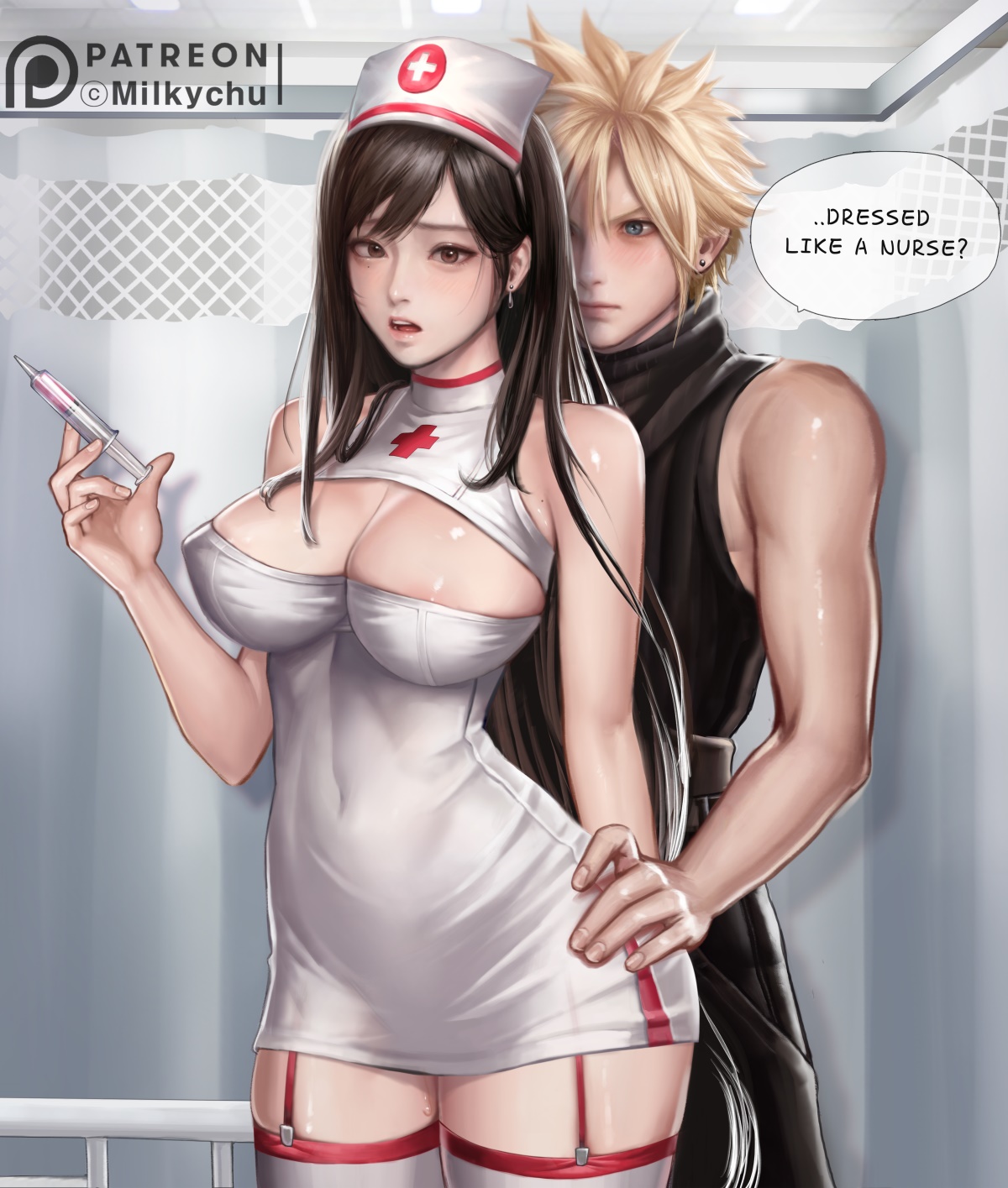 Anime 1200x1415 Milkychu big boobs Tifa Lockhart Final Fantasy nurse outfit women men