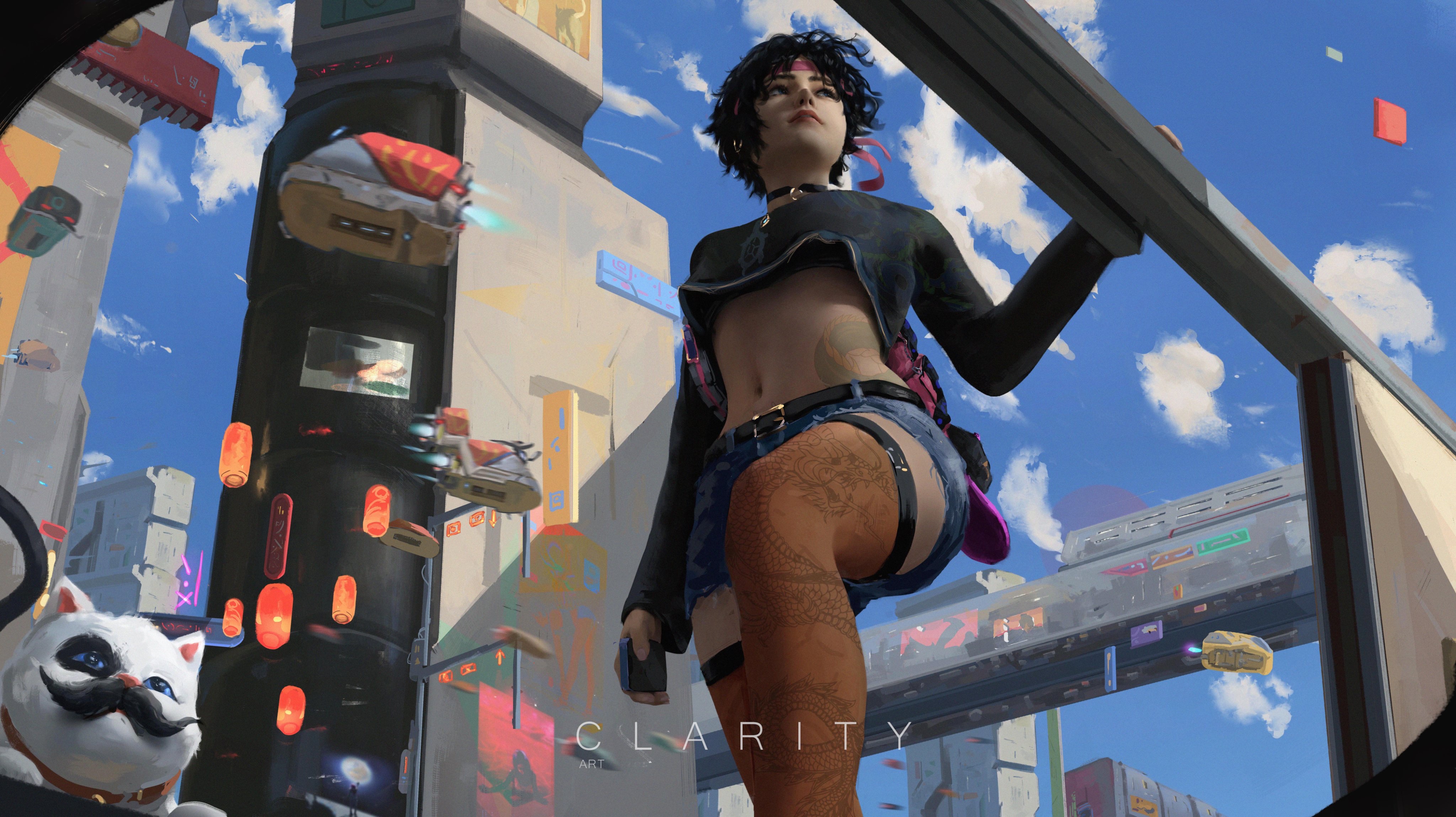 Anime 4096x2297 anime girls original characters cats CLA RITY Chinese dragon belly black hair stockings futuristic science fiction women women futuristic city inked girls jean shorts low-angle anime