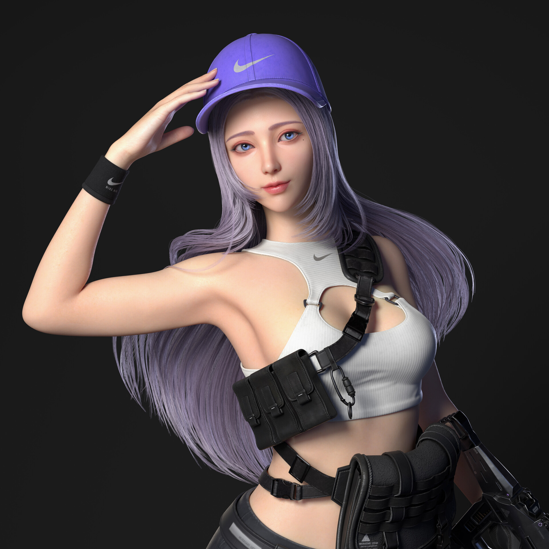 General 1920x1920 Owen Q CGI women looking away baseball cap blue hair tank top holster simple background