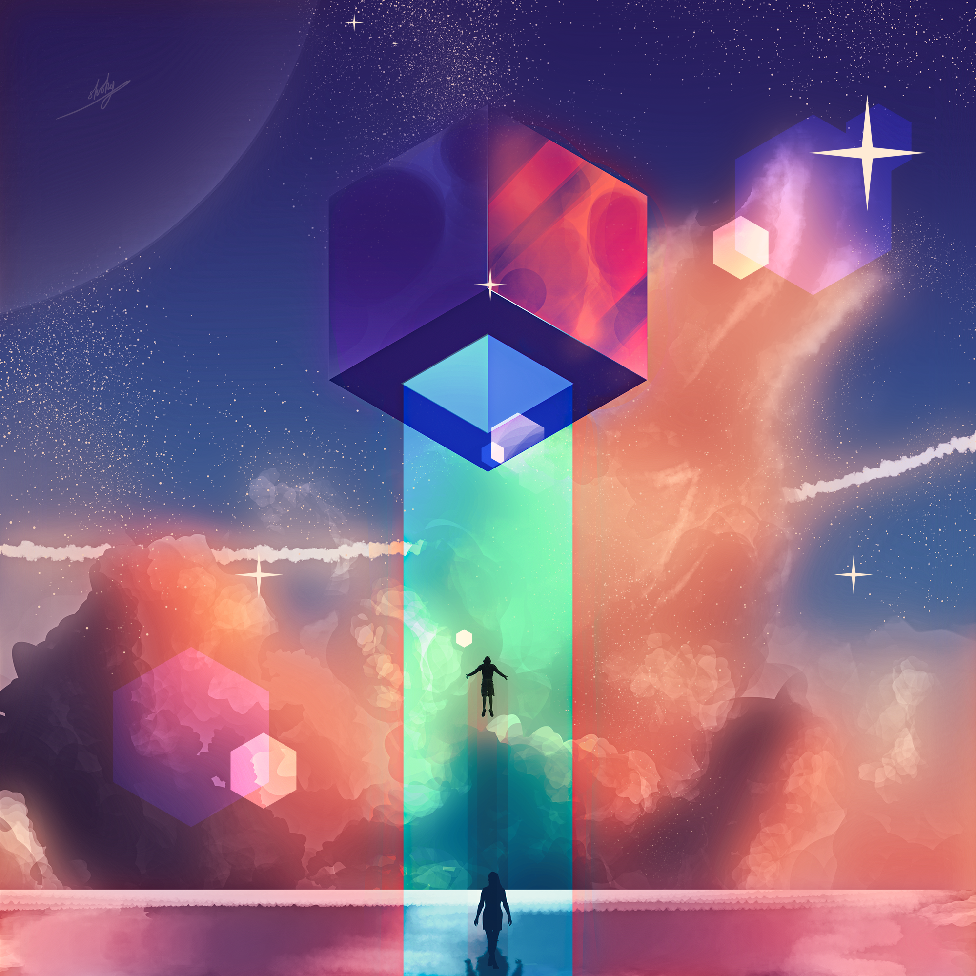 General 2000x2000 science fiction cube lake clouds sunset reflection beam hexagon stars floating Moon