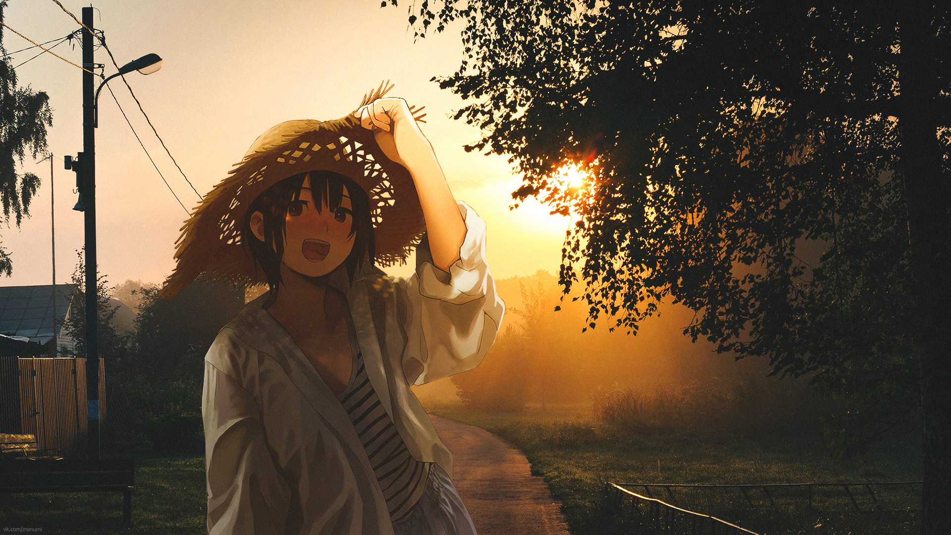 Anime 1920x1080 anime girls collage 2D sun rays sun hats
