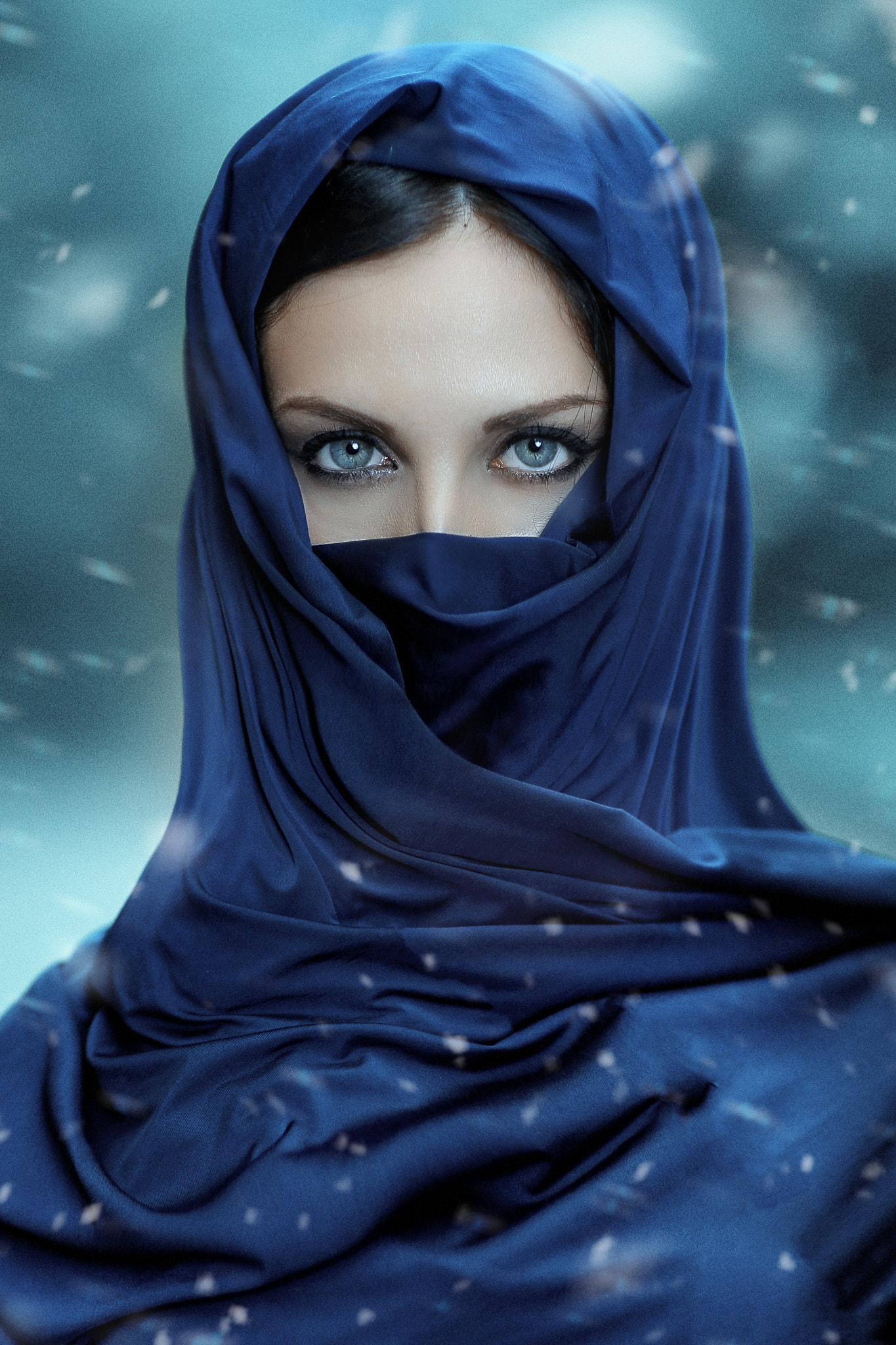 People 1365x2048 Alessandro Di Cicco women shawl dark hair blue eyes makeup portrait snow
