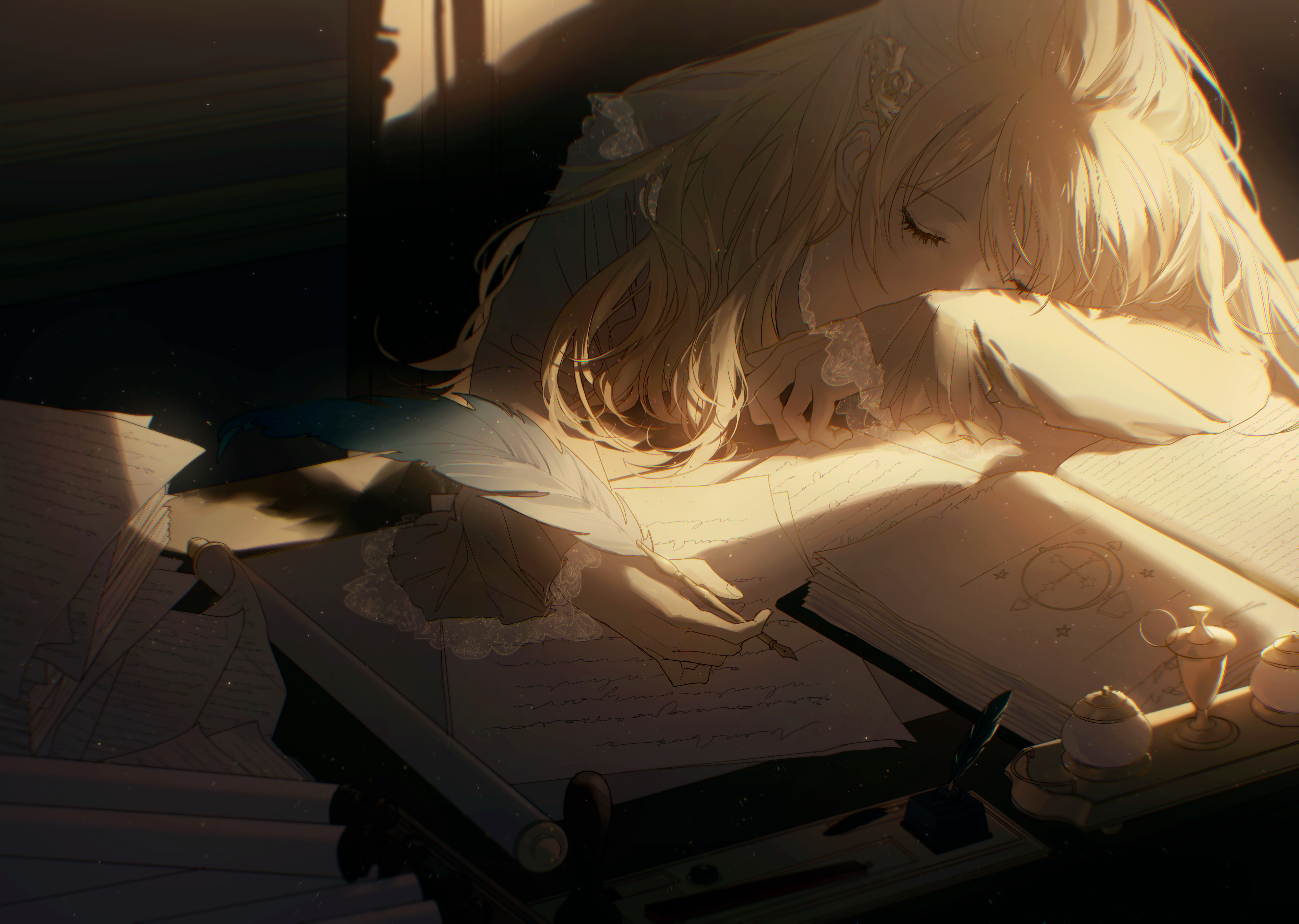 Anime 5031x3578 anime anime girls blonde long hair feathers closed eyes sleeping books barrette writing table