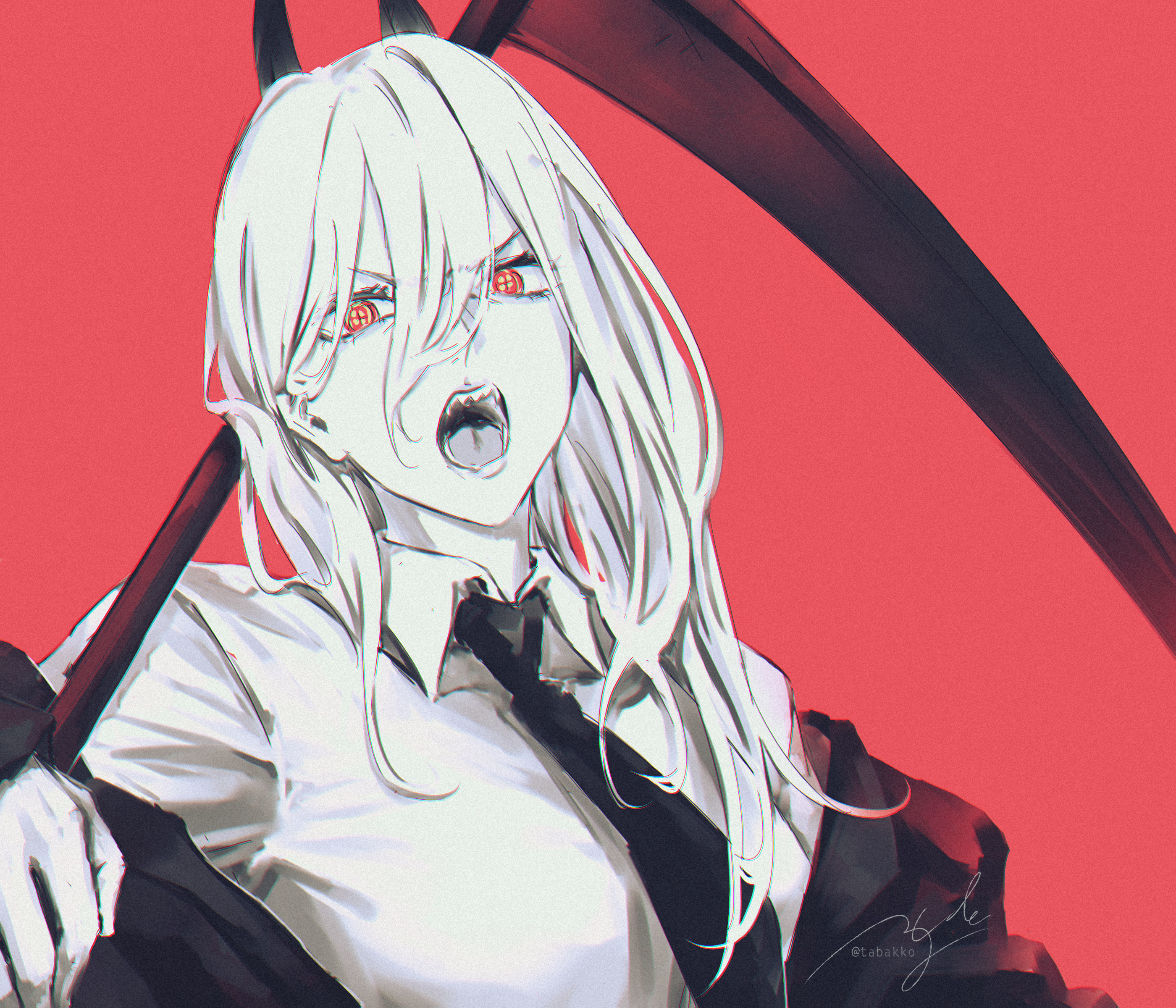 Anime 2800x2400 Chainsaw Man Power (Chainsaw Man) anime anime girls angry face fangs red eyes tie simple background red background scythe