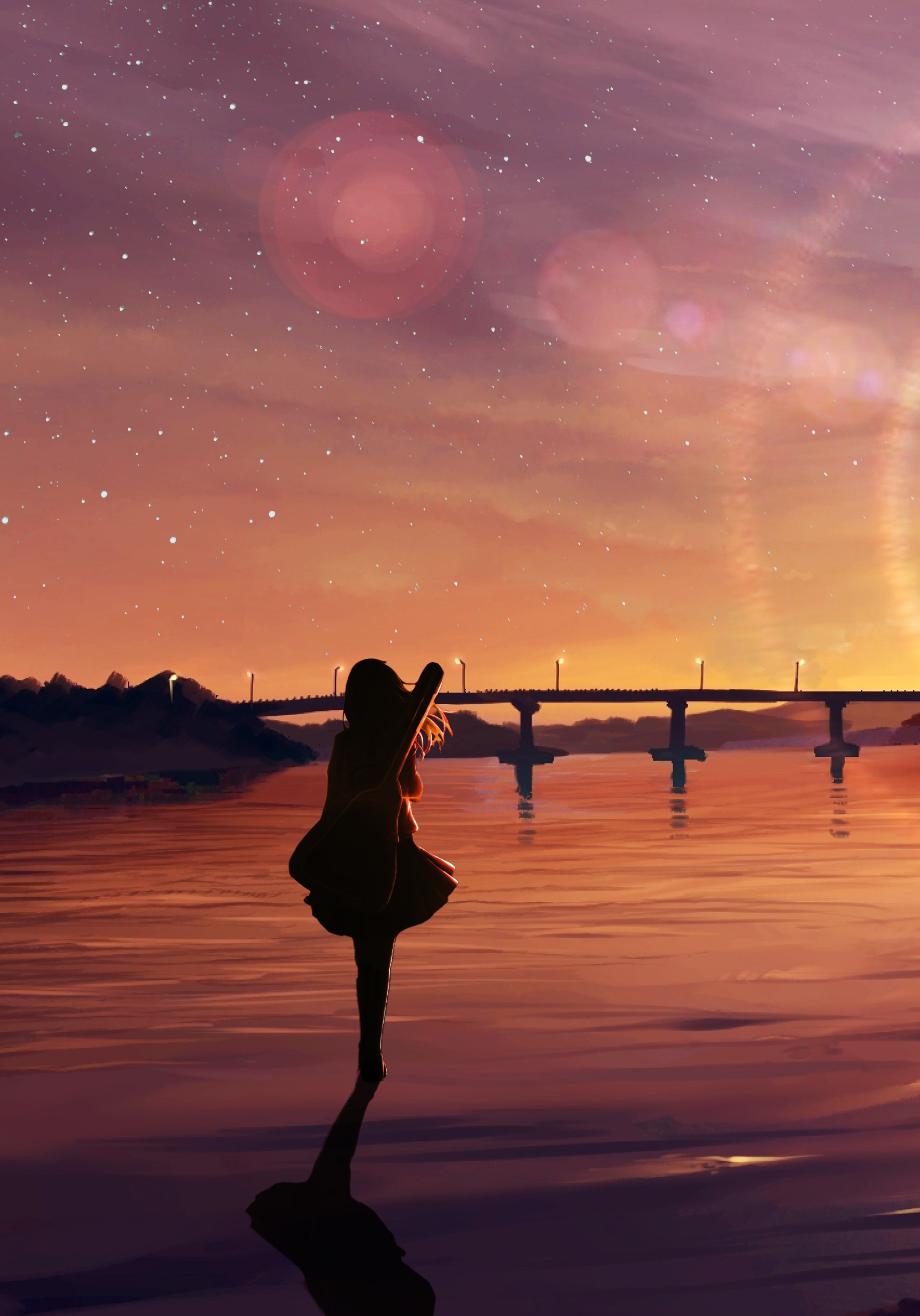 Anime 1770x2532 sunset anime girls silhouette stars hills anime musical instrument