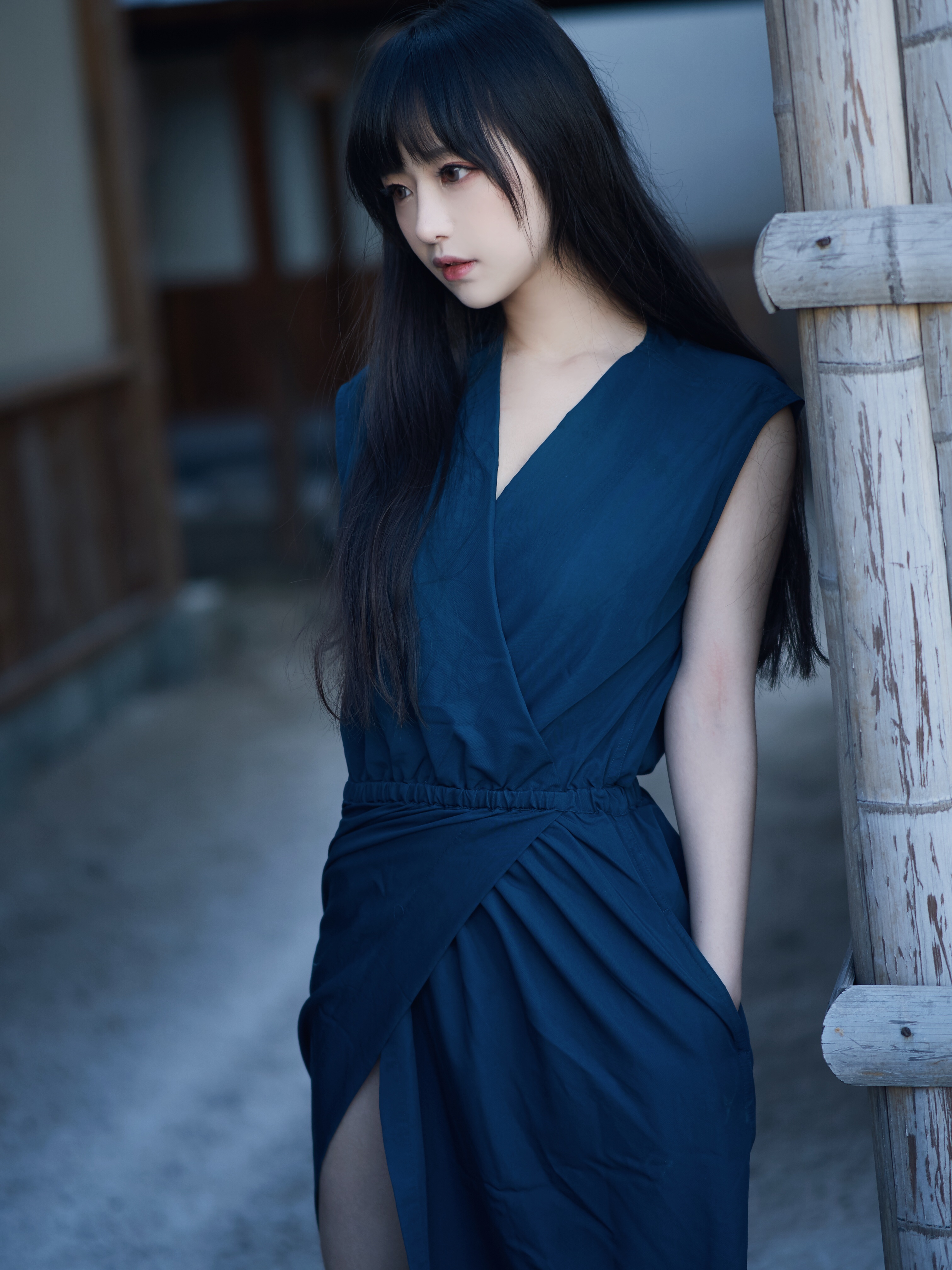 People 3024x4032 Asian dress outdoors long hair black hair blue dress women Shika XiaoLu