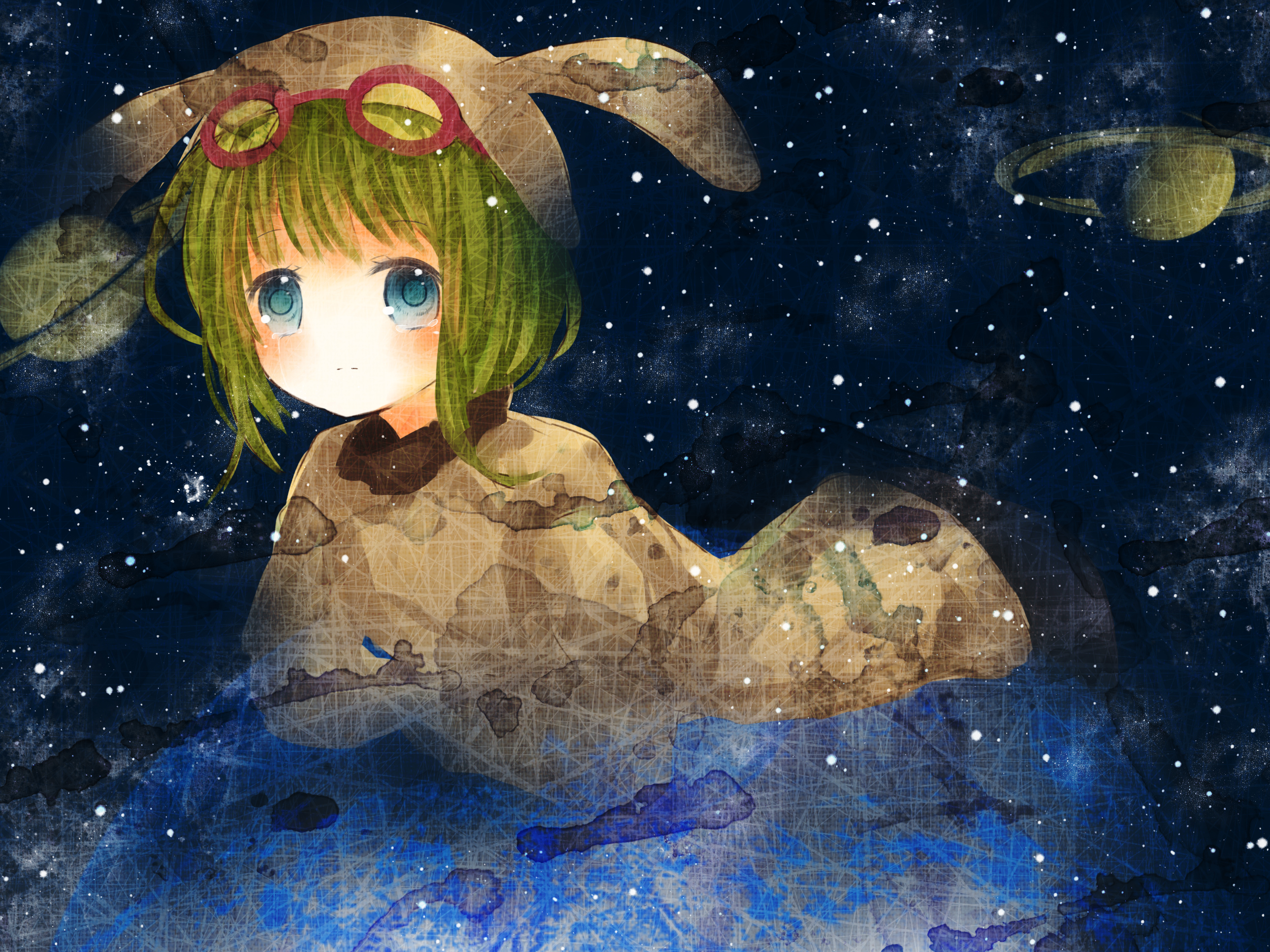 Anime 2500x1875 Vocaloid Megpoid Gumi anime anime girls green hair blue eyes planet looking at viewer glasses sky stars