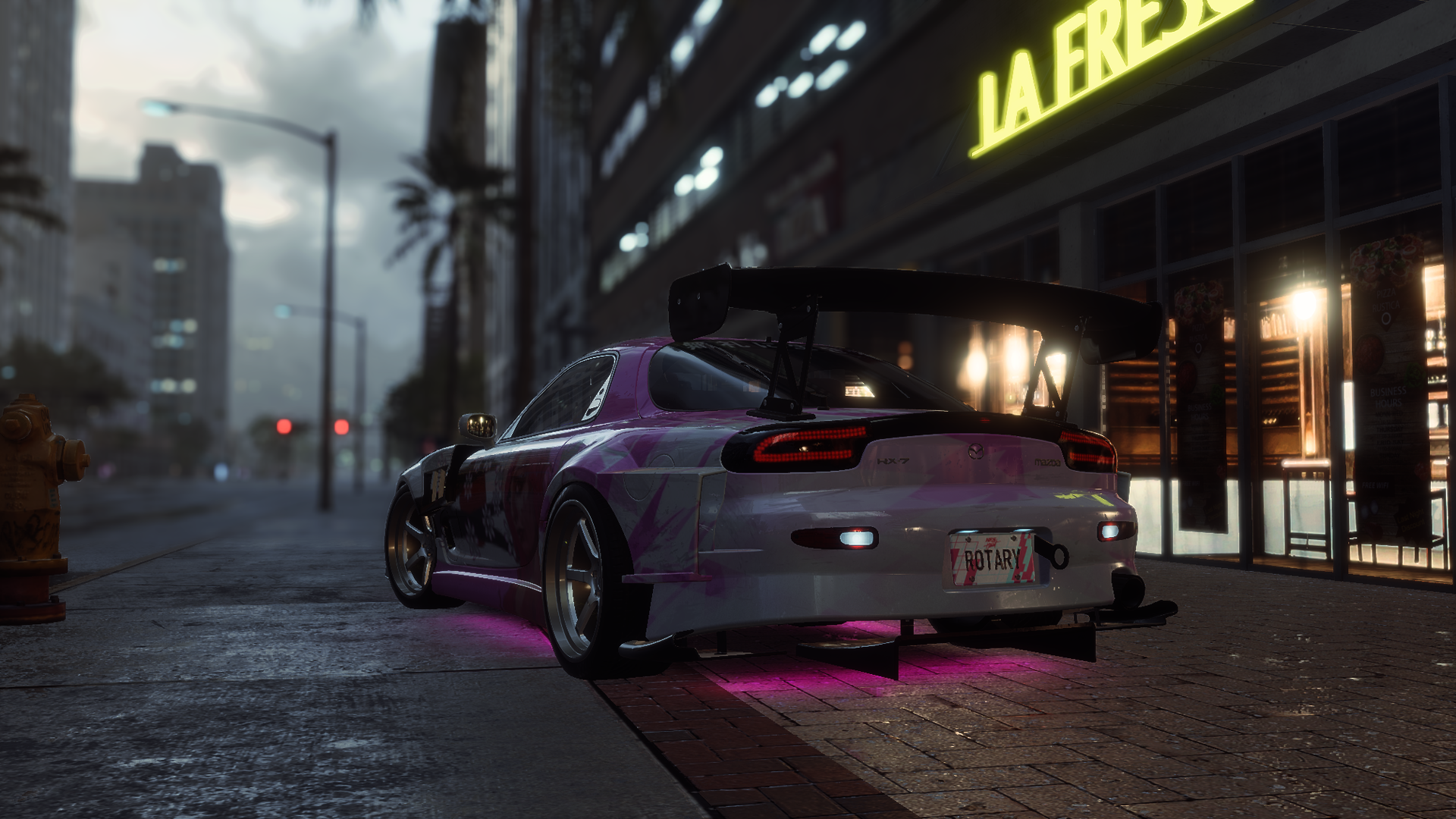 General 1920x1080 Need for Speed: Heat Mazda RX-7 video games Mazda Japanese cars bodykit Electronic Arts rear view licence plates video game art screen shot street light building sidewalks depth of field fire hydrants vehicle car clouds CGI sky