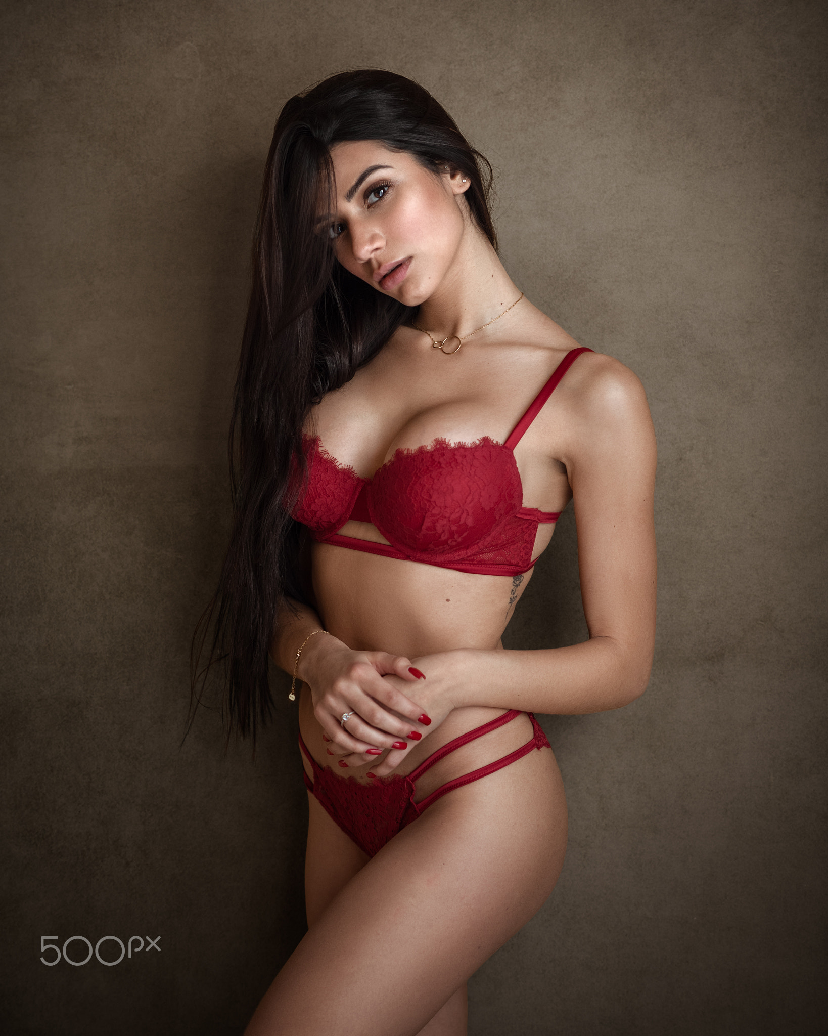 People 1638x2048 Michel Keppens women brunette long hair lingerie bra panties lace straps simple background model cleavage red bra red lingerie underwear groomed eyebrows red nails