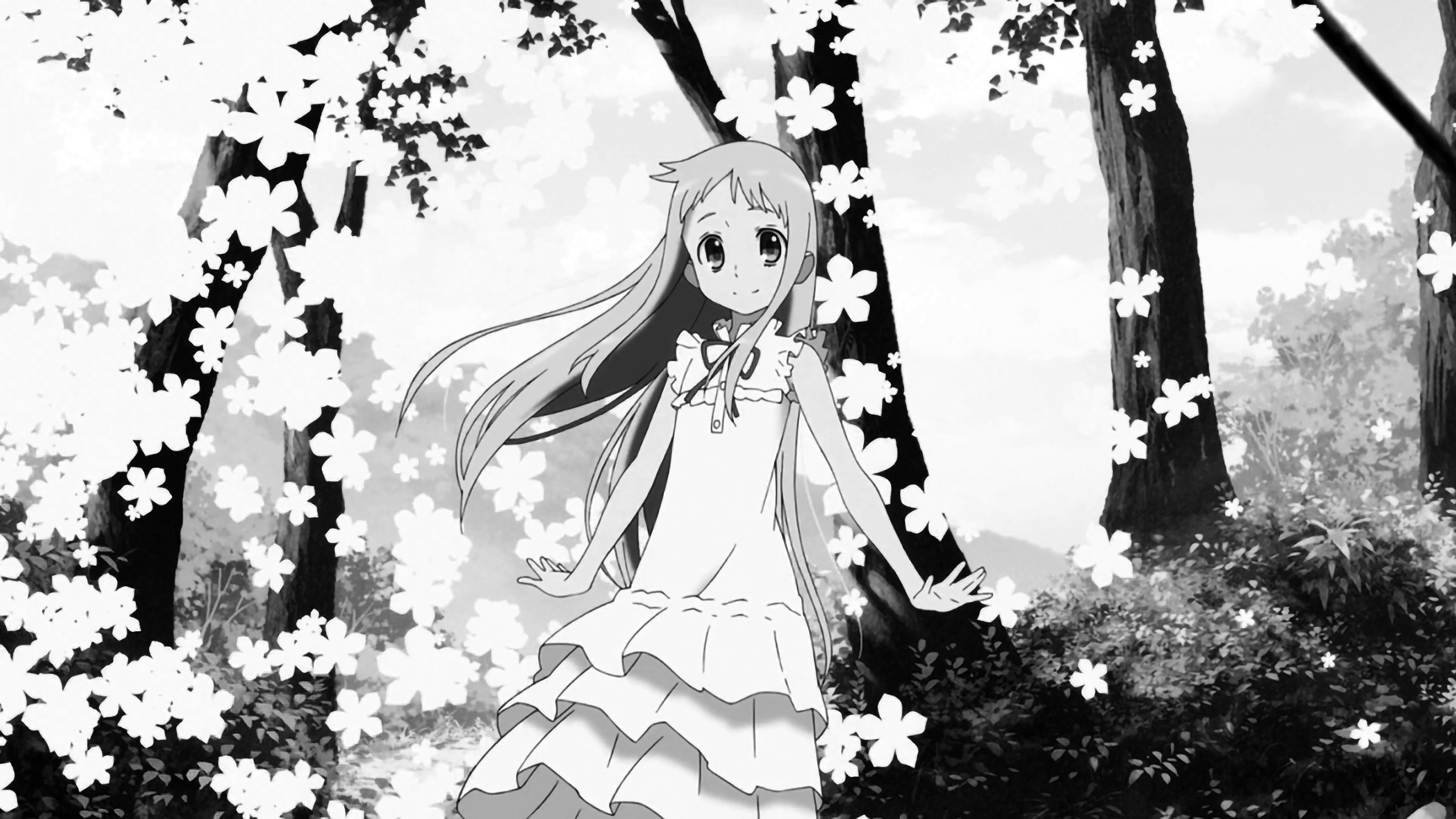 Anime 2560x1440 Ano Hi Mita Hana no Namae wo Bokutachi wa Mada Shiranai Honma Meiko monochrome forest trees dress