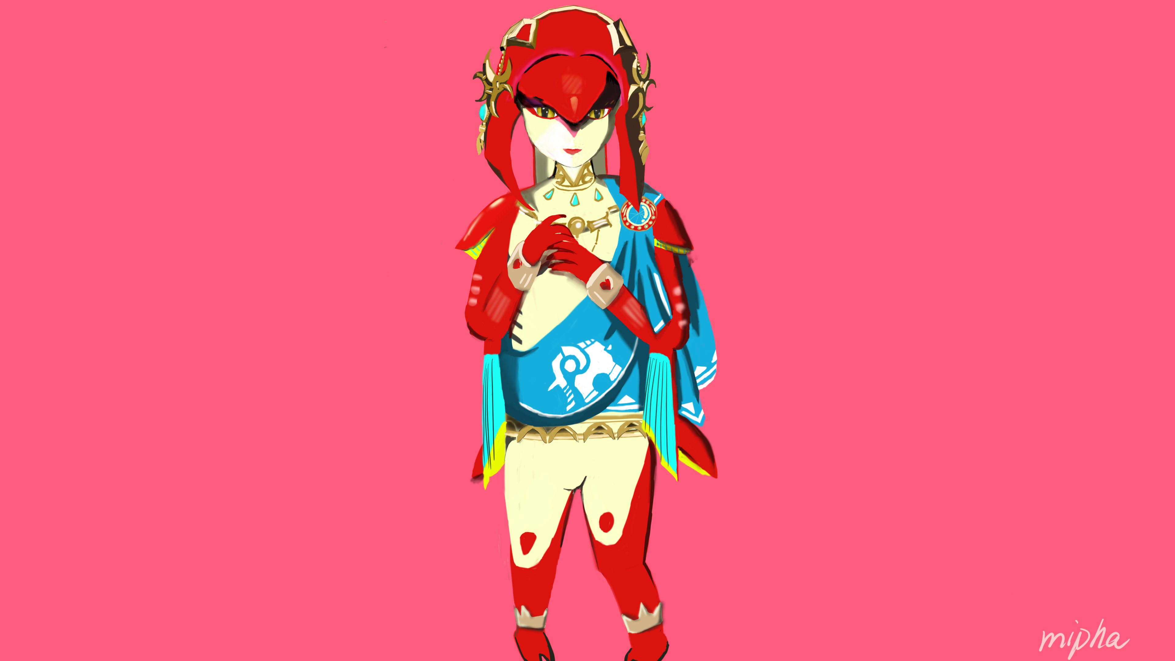 Anime 3840x2160 Mipha red anime anime girls pink background simple background yellow eyes