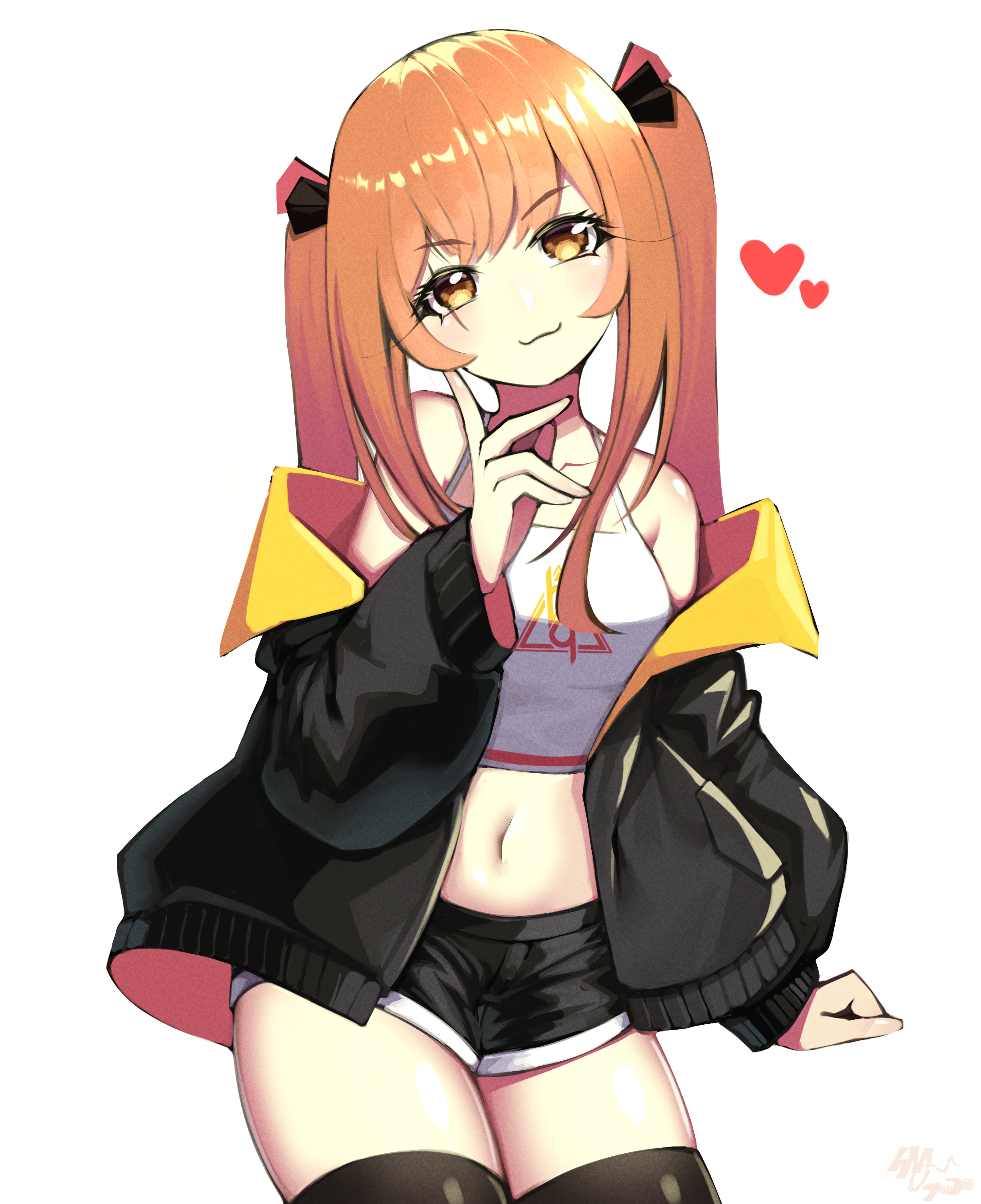 Anime 2200x2700 belly belly button 2D anime anime girls digital art ecchi looking at viewer ponytail redhead crop top short shorts shorts black jackets jacket Pixiv